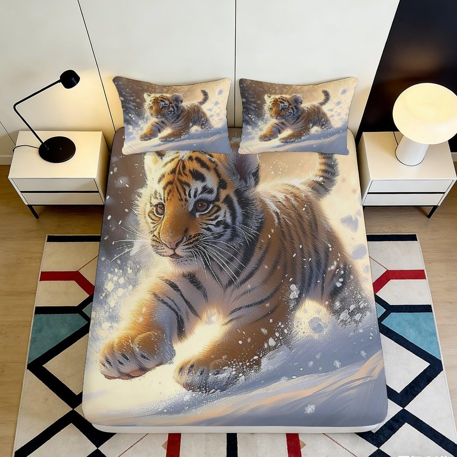 3D Printed Tiger Cub Fitted Sheet Microfiber Soft Anti-Slip Snow Play Bed Cover for Bedroom Guest Room Decor 140x200x25cm