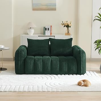 66 Boneless Corduroy Loveseat Sofa, 2 Seater Tufted Deep Seat Couch with Rounded Armrest, Upholstered Cloud Couch for Living Room, Bedroom, No Assembly, Green