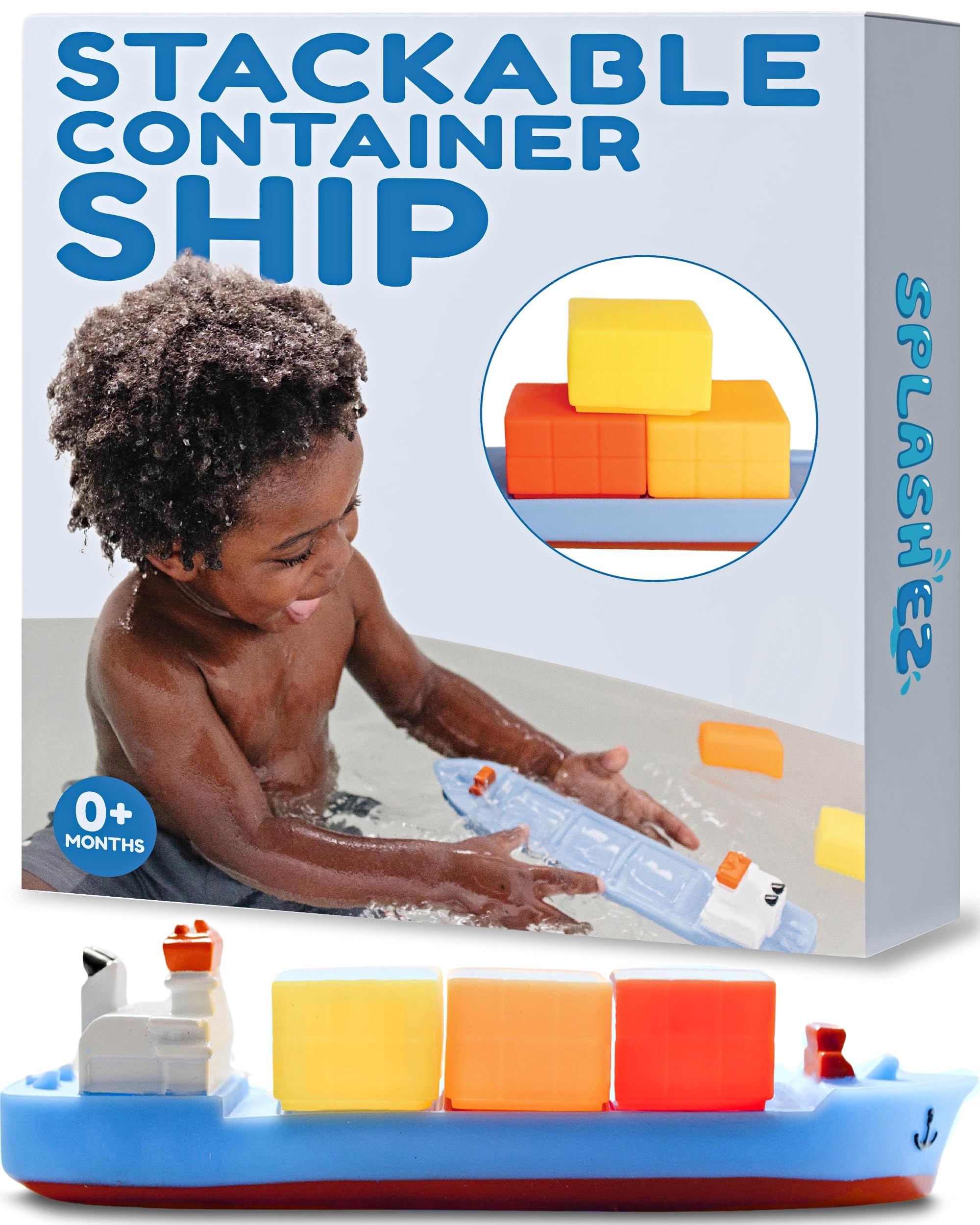 SplashEZ Bath Toy Boat for Kids & Toddlers | Mold Free Cargo Ship Toy for Bathtub Play with No Hole for Water | Ideal Size for Little Hands for Boys & Girls Ages 0 & Up