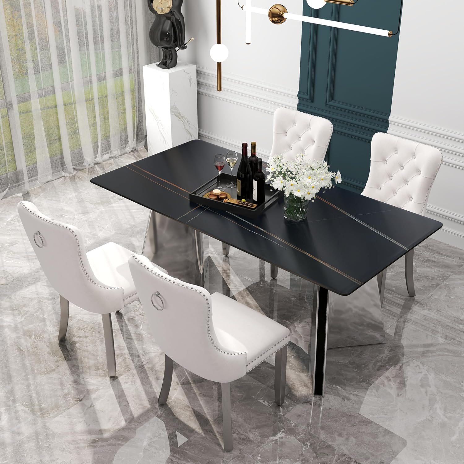 RGZ Modern Luxury Dining Table Set for 4, 63” Black Faux