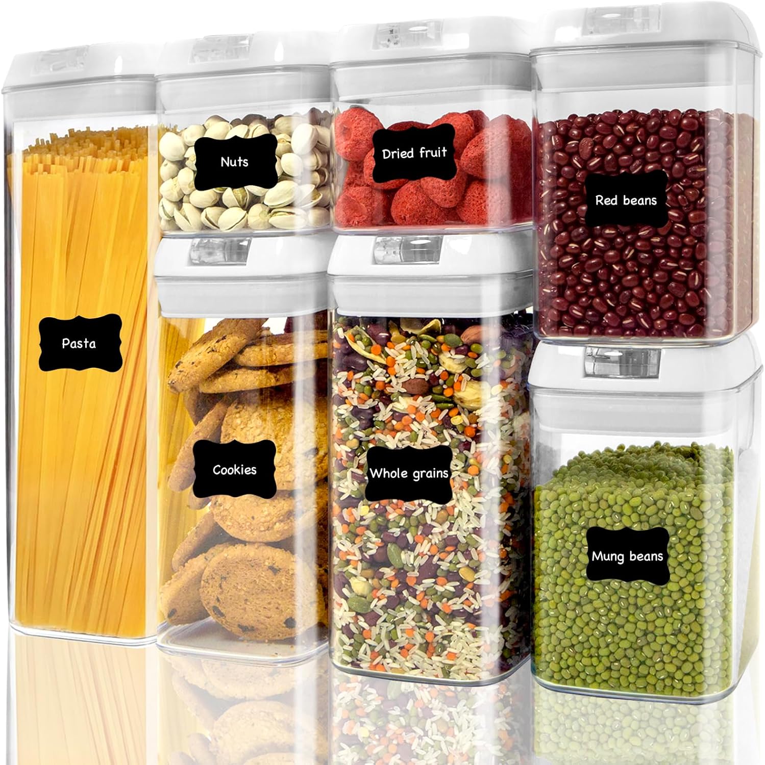 Airtight Food Storage Containers with Lids, 7 PCS BPA Free Kitchen Canisters for Pasta, Dry Food, Flour and Sugar, Plastic Canisters for Pantry Organization and Storage