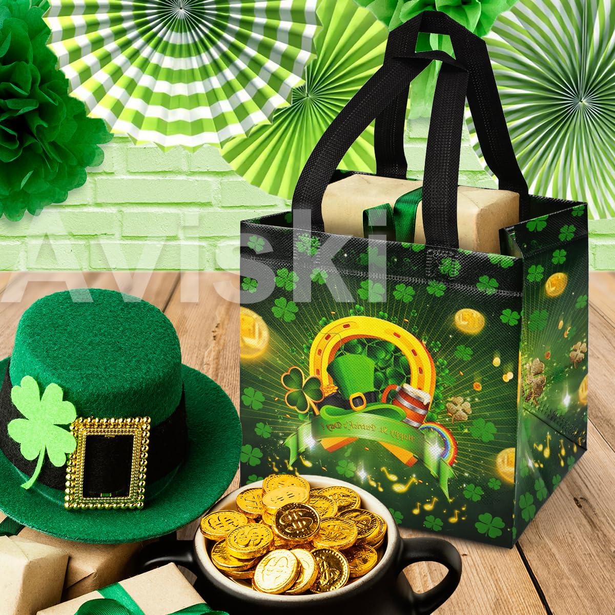 8PCS St Patrick's Day Reusable Gift Bags, Treat Handles, Irish Party, Multifunctional Non-Woven Saint Paddy Day Bags for Gifts Wrapping, Party Supplies, 7.9 × 7.9 × 5.9inch - Image 2