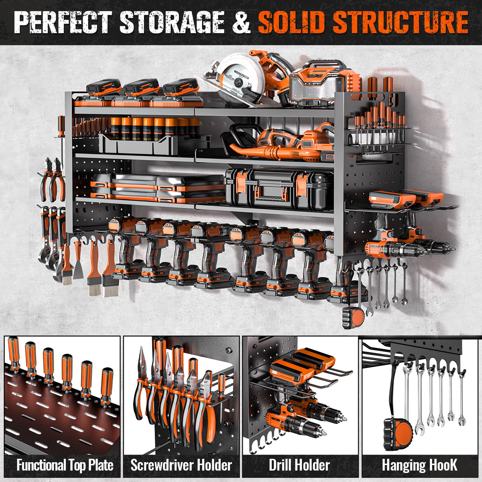 Support mural robuste pour outils électriques, grande organisation de garage avec 10 supports de perceuse sans fil, 4 couches d'organisateurs d'outils et de rangement, porte-outils avec 6 multiprises