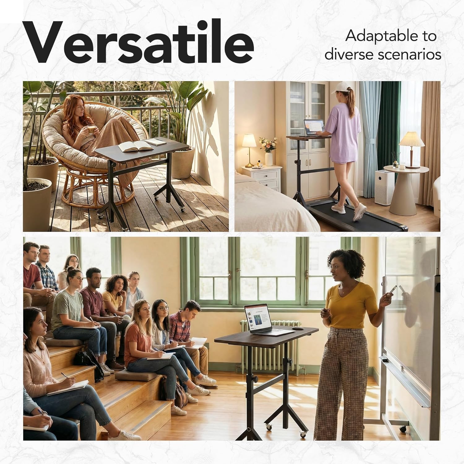 HUANUO 32'' Small Standing Desk with Wheels,28.7"-46.1" Heigh Adjustable Portable Rolling Desks,Mobile Stand Up Desk for Walking Pad and Treadmill,Sit to Stand Computer Workstation for Bedroom,Walnut