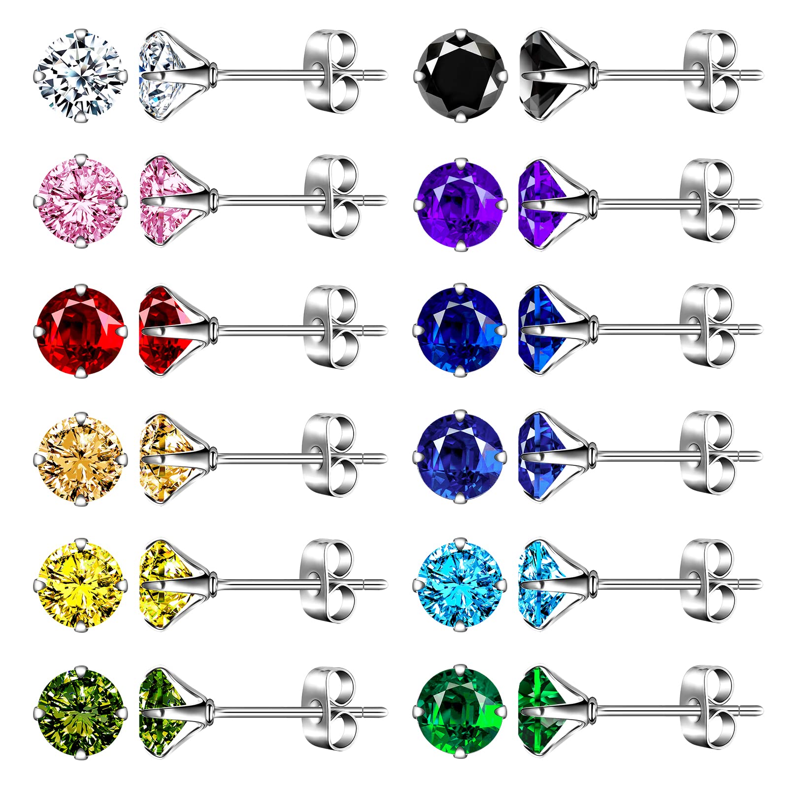 Set 12 Paia Orecchini A Bullo In Acciaio Inox 316 - 4/6/8 Mm, Colori Vari Con Zirconi - Regalo Con Sacchetto