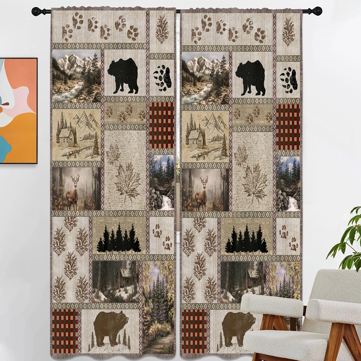 Rustic Curtain 52" W x 84" L Long Wide Farmhouse Country Cabin Primitive Woodland Bear Wildlife Deer Retro Western Antique Rod Pocket Living Room Bedroom Window Drapes Treatment Fabric 1 Pair