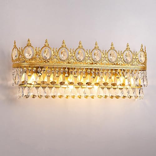 TOCHIC Lámparas de tocador de baño sobre espejo, 4 luces de cristal dorado, lámparas de pared de baño regulables para interiores, apliques vintage