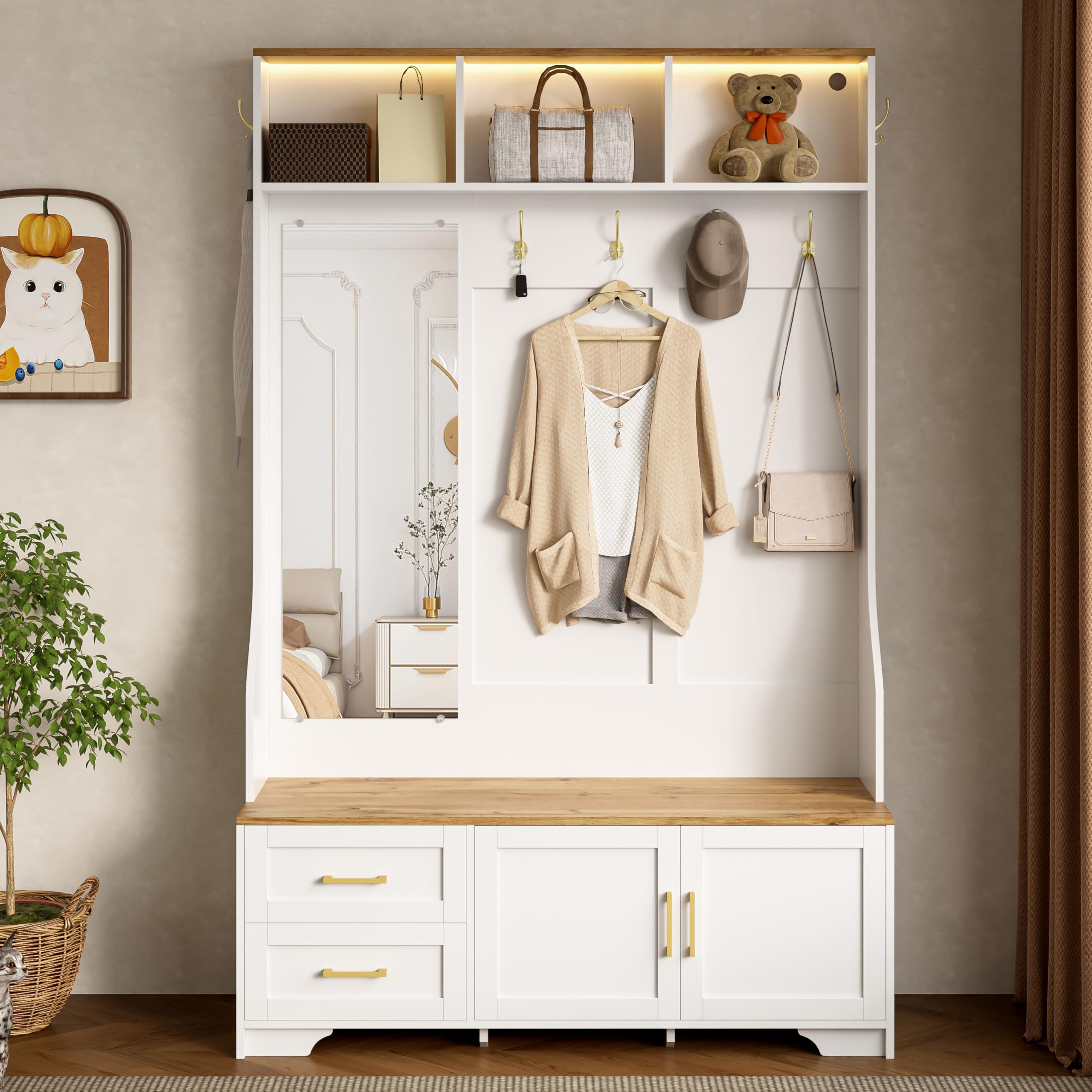 Garderobenset Wandgarderobe mit LED Beleuchtung, Garderoben Set mit Spiegel und Schuhbank, Garderobenständer mit Kleiderhaken & Schubladen, Modern Weiß Flurgarderobe mit Sitzfläche, 120x40x187