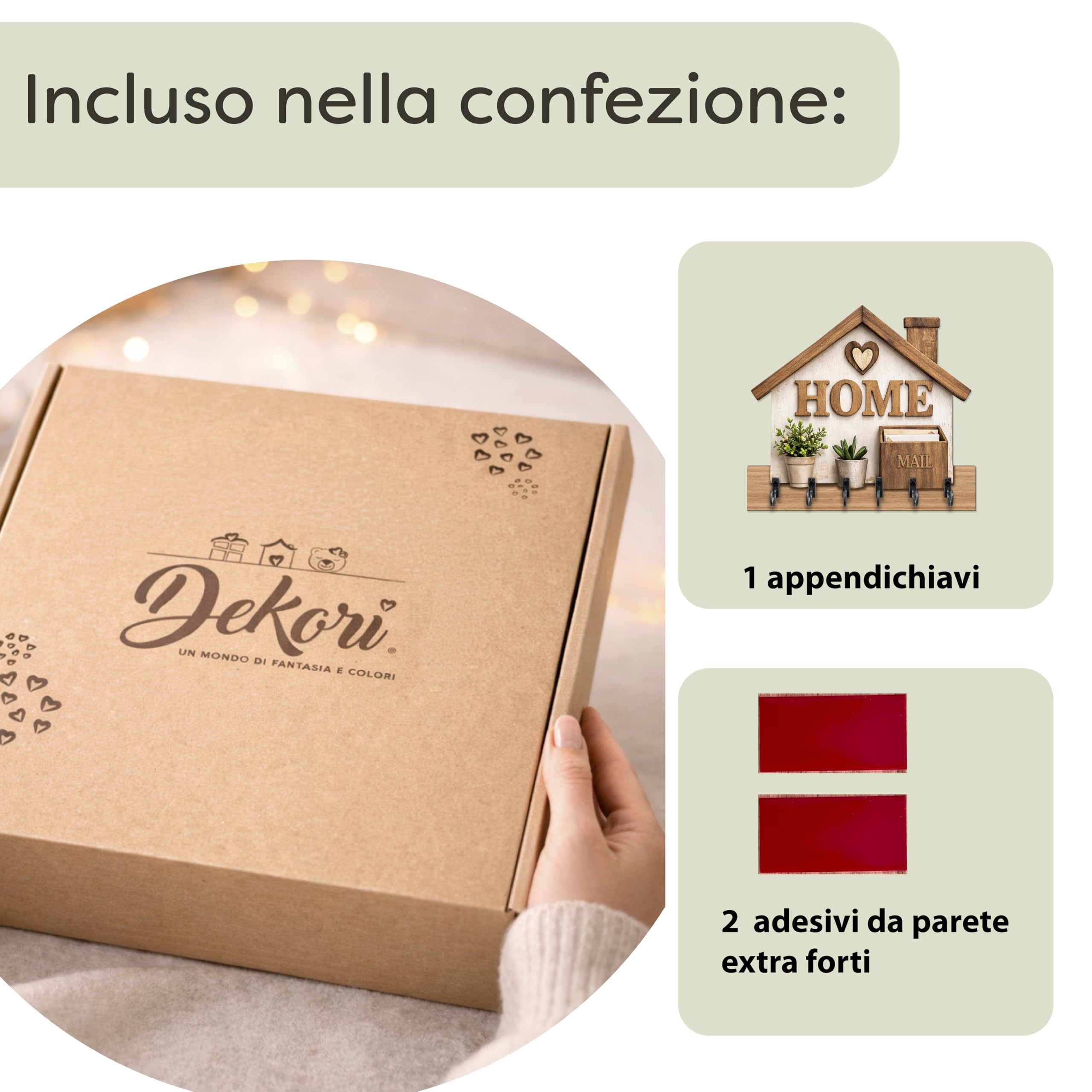 DEKORI Appendichiavi da Parete HOME in Legno – Portachiavi da Muro 6 Ganci Metallo – Decorazione Ingresso Casa Stile Country Moderno – Organizer Chiavi Parete – Made in Italy