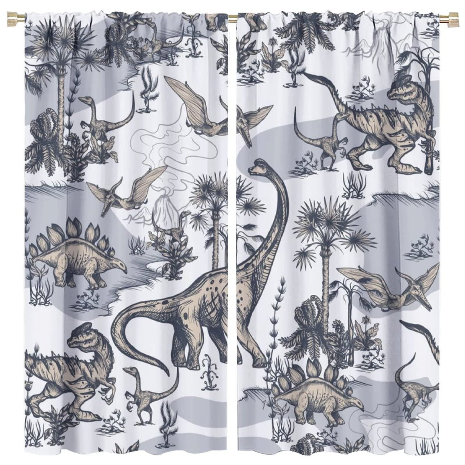 INSFBRB Rustic Dinosaurs Rod Pocket Blackout Curtains for Living Room,Room Darkening Abstract Hand Painting Cartoon Animal Dino Jungle Window Treatment,2 Panels 84L x 42W