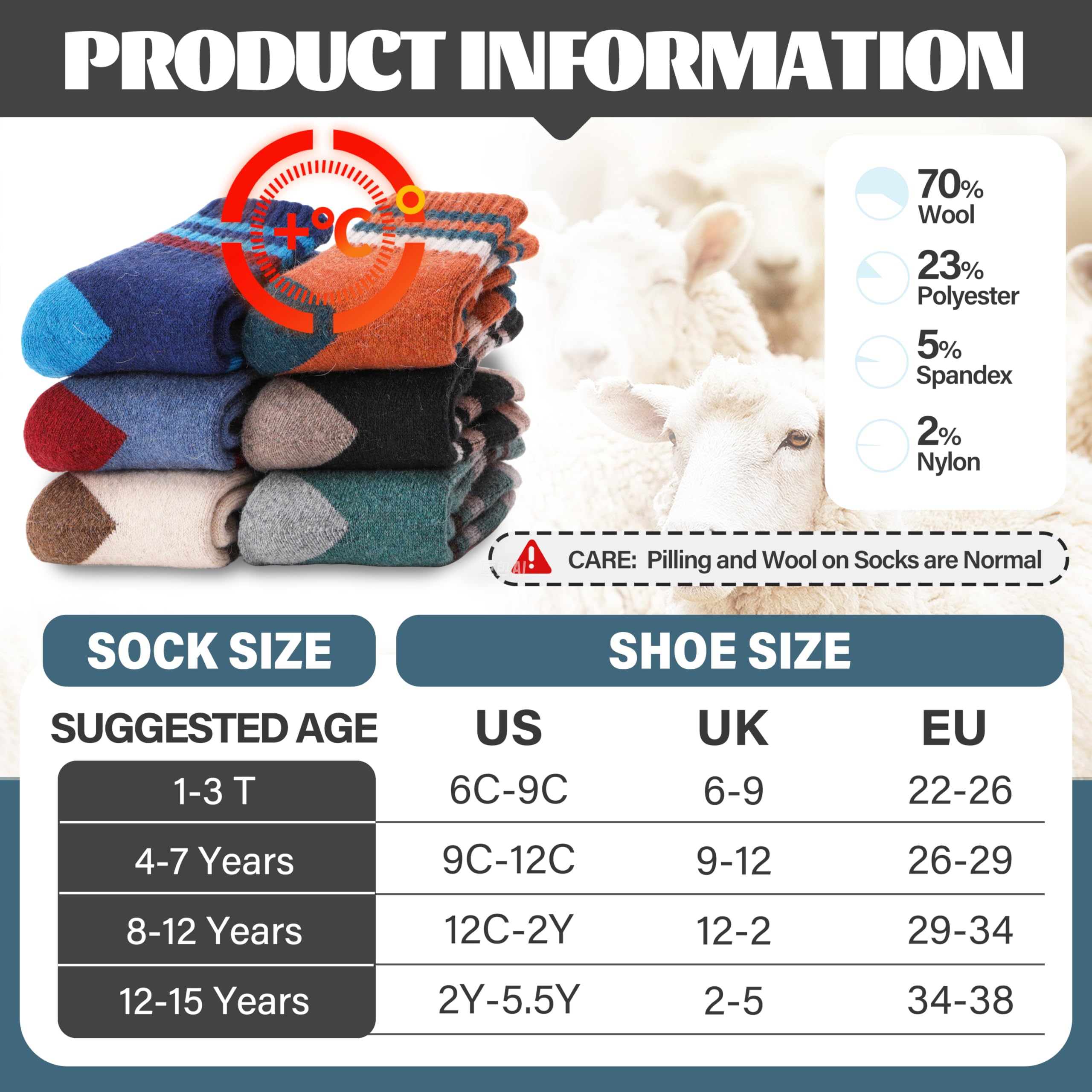 Anlisim Kinder Kinder Merino Wandersocken Jungen Mädchen Wolle Socken Warme Sportsocken Dicke Thermosocken Trekking Wintersocken Socken Kinder Weihnachtssocken Geschenke 6 Paare(Streifen,1-3 Jahre)