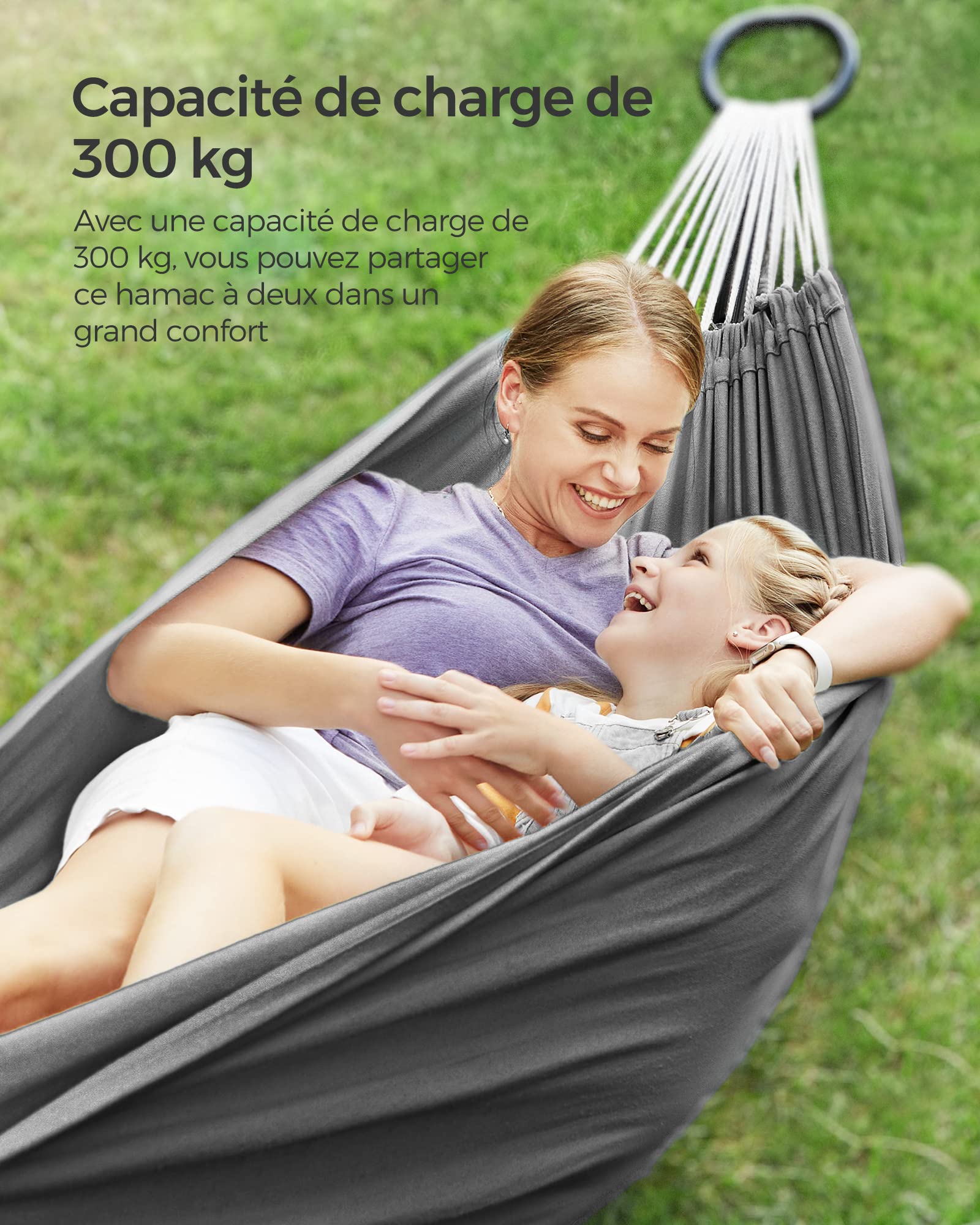 SONGMICS Hamac, 210 x 150 cm, Double Hamac, Capacité de Charge 300 kg, pour Jardin, Terrasse, Balcon, Extérieur, Camping, avec Sac de Transport, Sangles de Fixation et Mousquetons, Gris GDC15GY