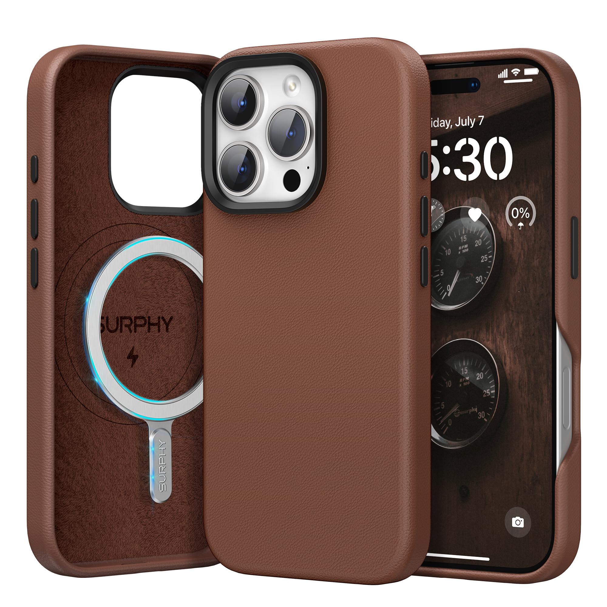 Designed for iPhone 16 Pro Leather Case, Compatible with MagSafe Wireless Charging Faux Leather Case with Metallic Buttons and Microfiber Lining for 16 Pro 6.3 inch 2024, Brown