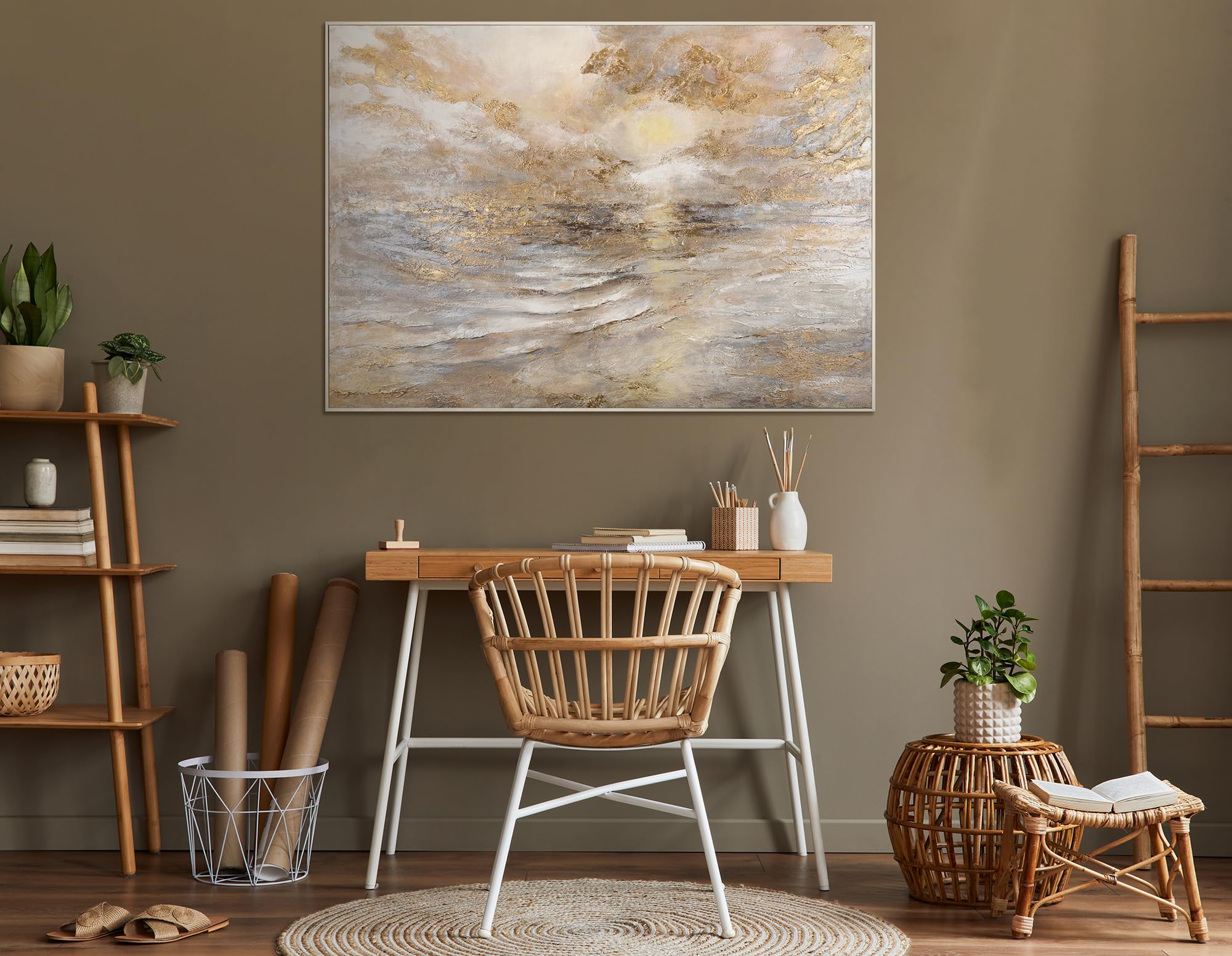 YS-Art Quadro Marino Beige Oro Perla Materico Dipinto a Mano su Tela per Soggiorno Luminoso Camera Relax e Hotel Boutique 120x80 cm