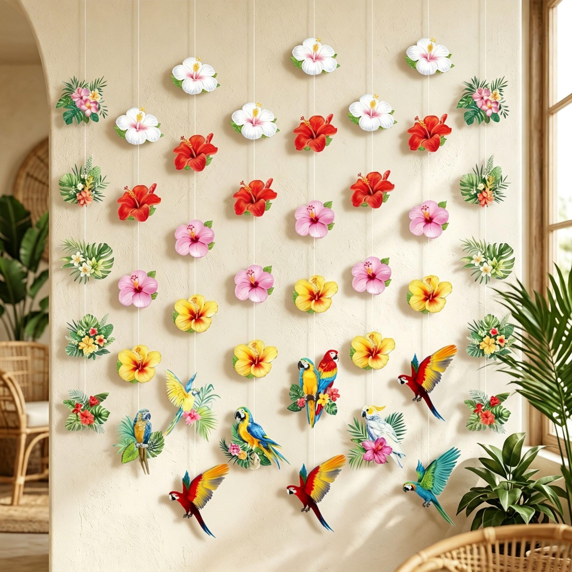 Hawaiian Luau Party Decorations Hibiscus Flower Birthday Hanging Garlands Banner Tropical Hawaiian Paper Cutouts Streamer for Wall Ceiling Decor Summer Aloha Beach Pool Party Supplies