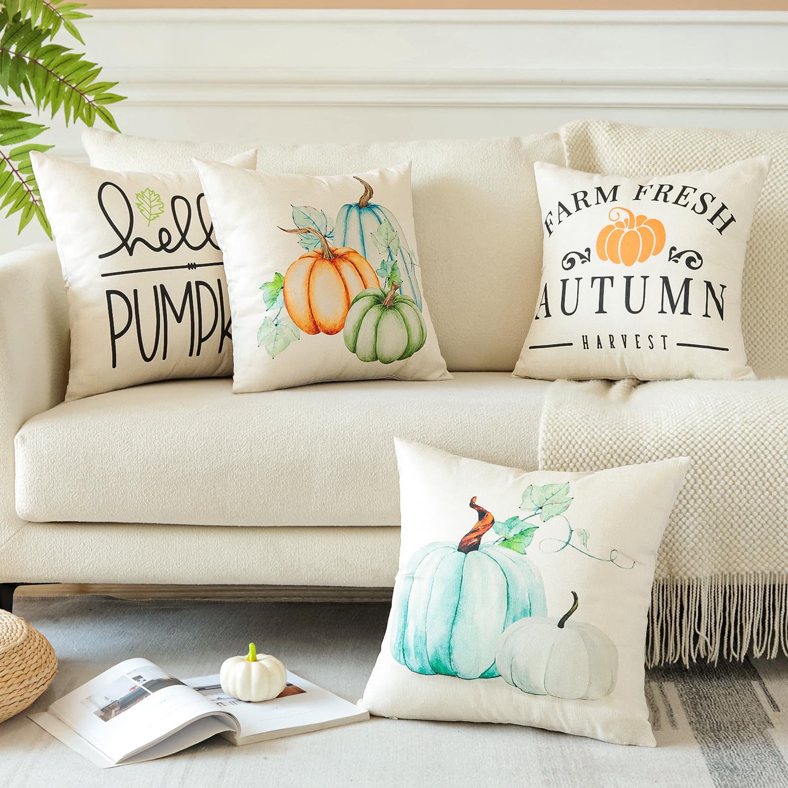 Housses De Coussin Automne Lot De 2 - Motif Citrouilles Et Eucalyptus - 30x50 Cm - Polyester Doux - Pour Salon, Canapé, Déco Saisonnière - 6