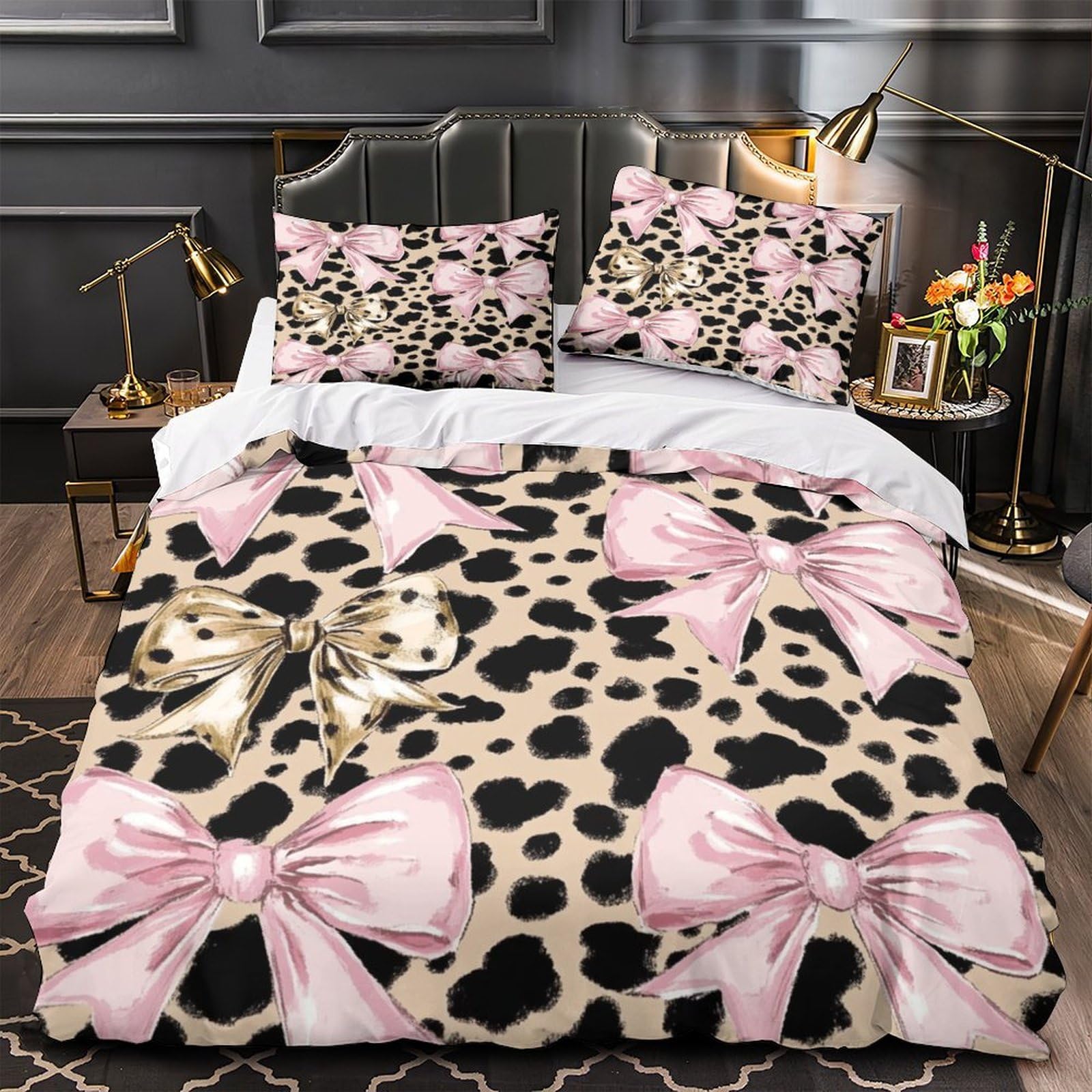 Housse de couette nœuds roses anti-plis et super douce 135x200