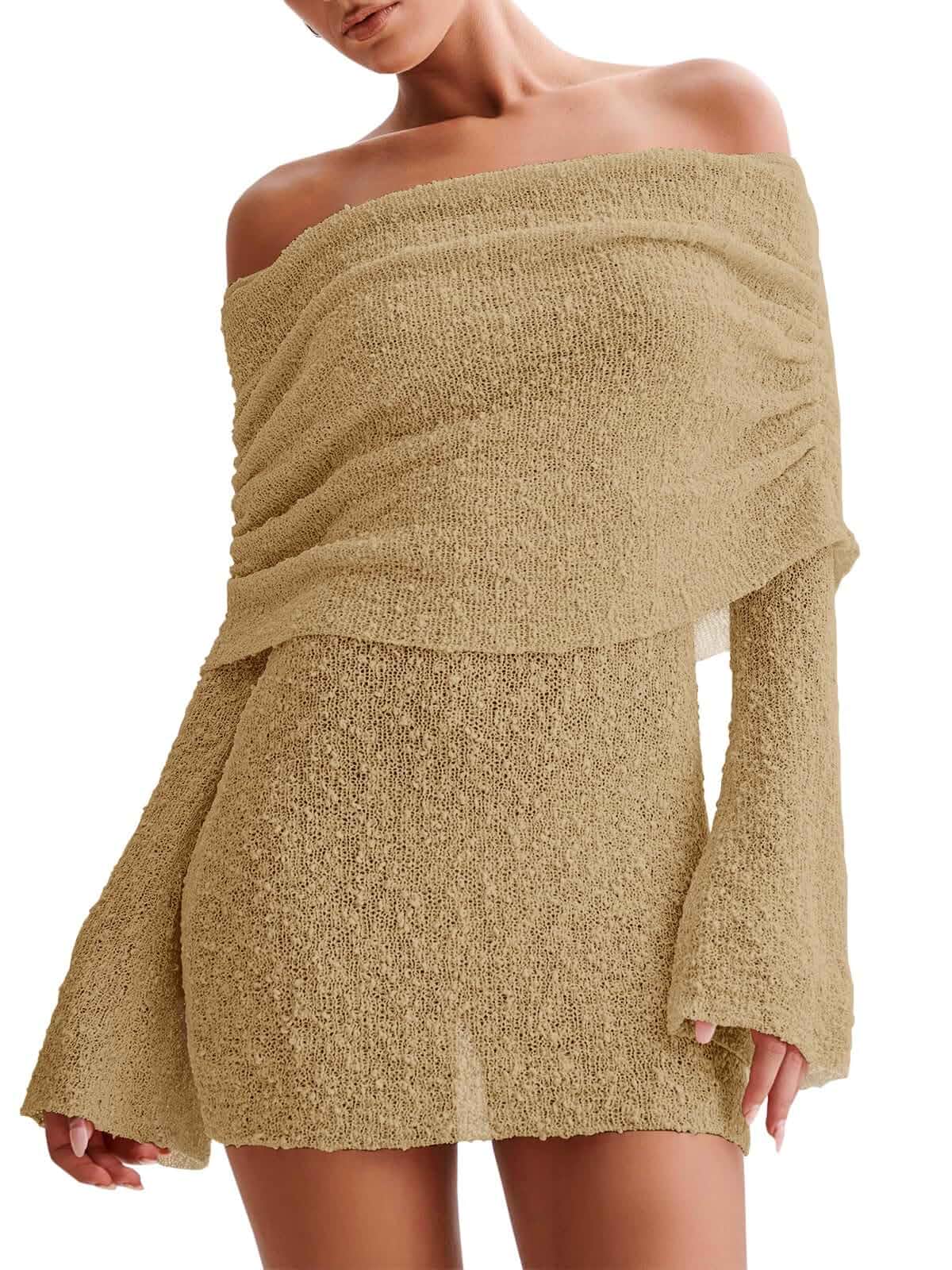 Imily Bela Womens Beach Swimsuit Cover Up | Summer, Off The Shoulder, Long Bell Sleeve, Sheer, Mini Dress