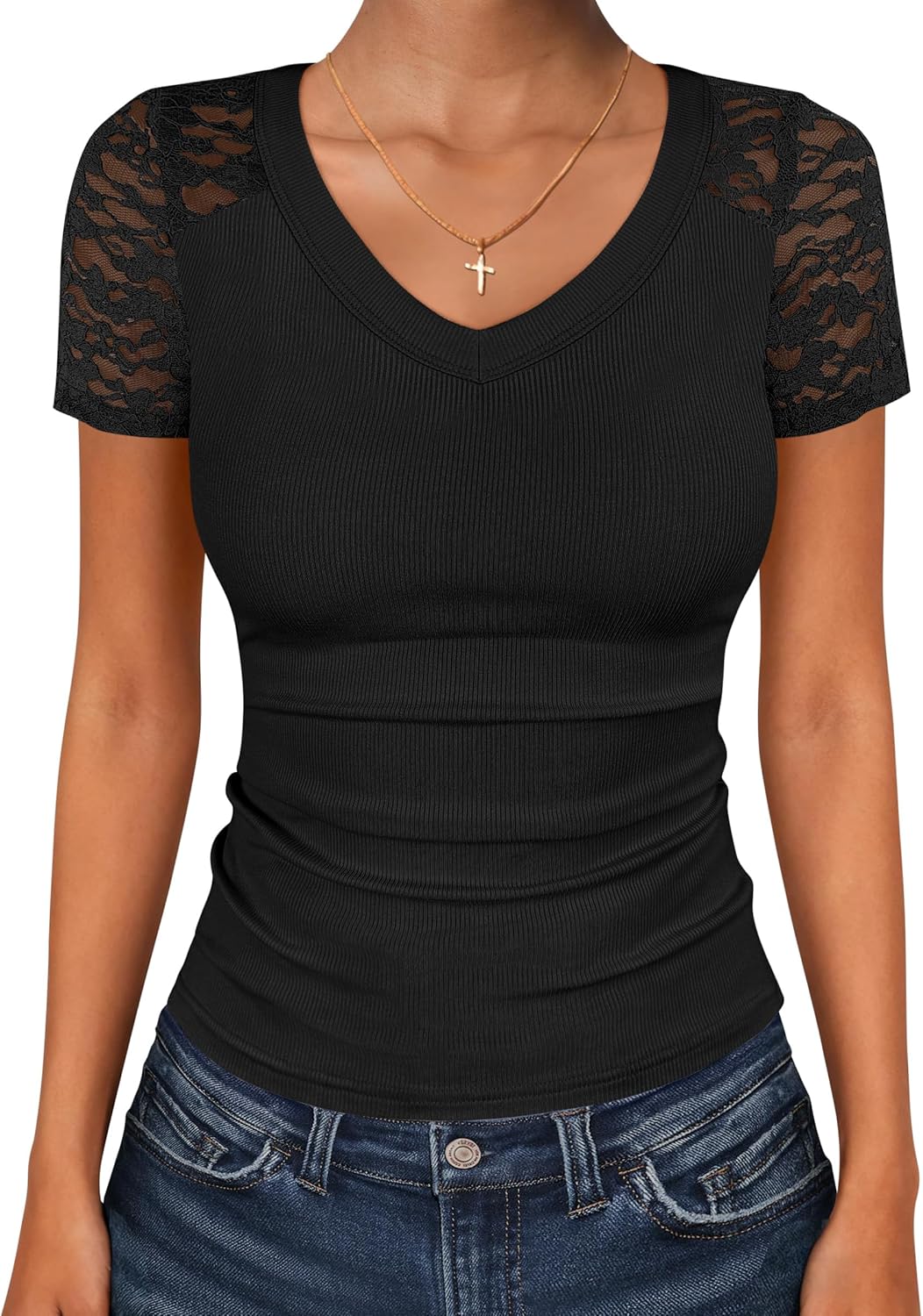 ANRABESS Women Short Sleeve V Neck Lace Shirts Ribbed Knit Fitted Basic Tee Top 2026 Summer Casual T-Shirts Going Out Outfits