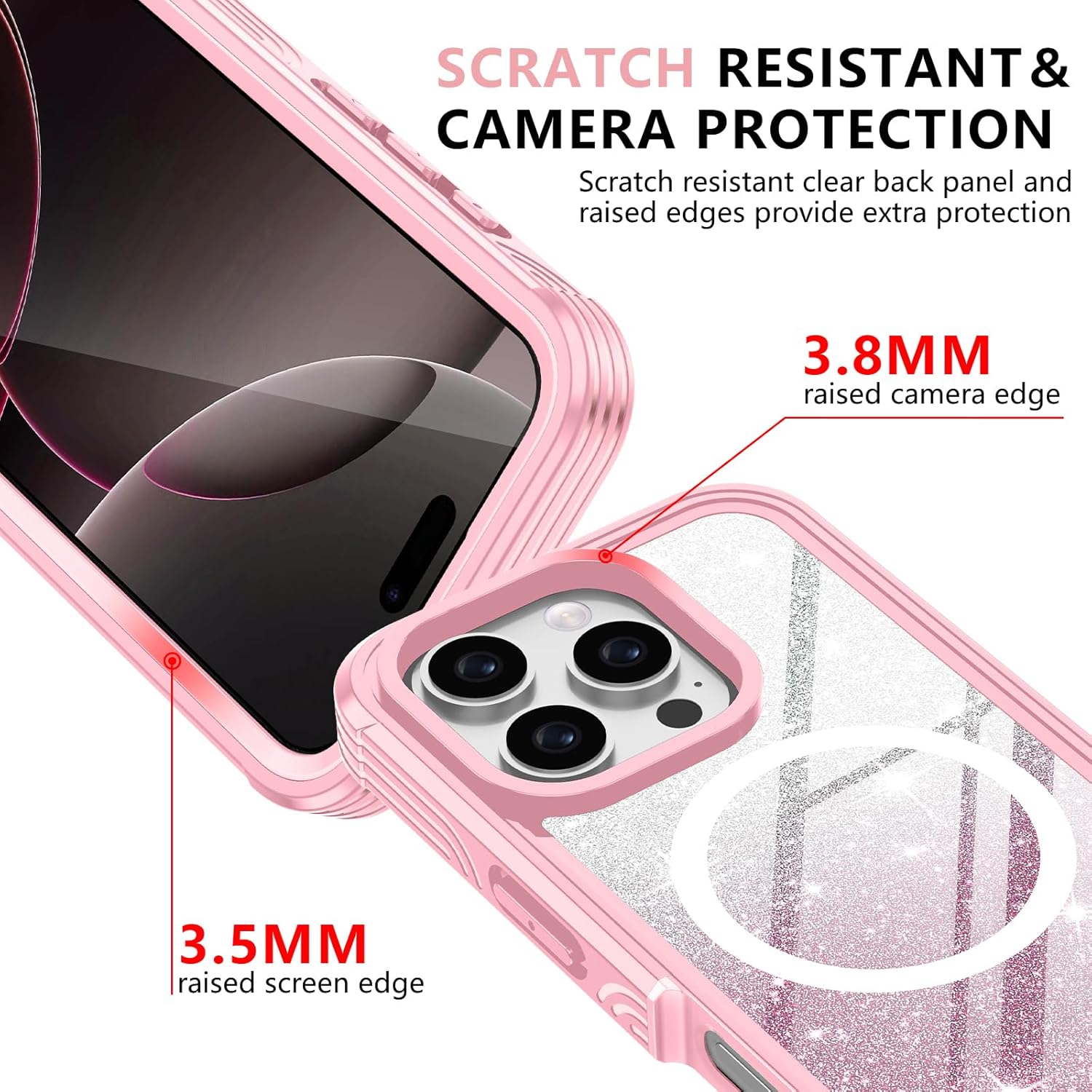 Hekodonk for iPhone 16 Pro Case,Compatible with Magsafe[Built-in 9H Tempered Glass Screen Protector & Camera Lens Protector] Full Body Shockproof Protective Women Girl Bling Case,Pink Glitter - Image 6
