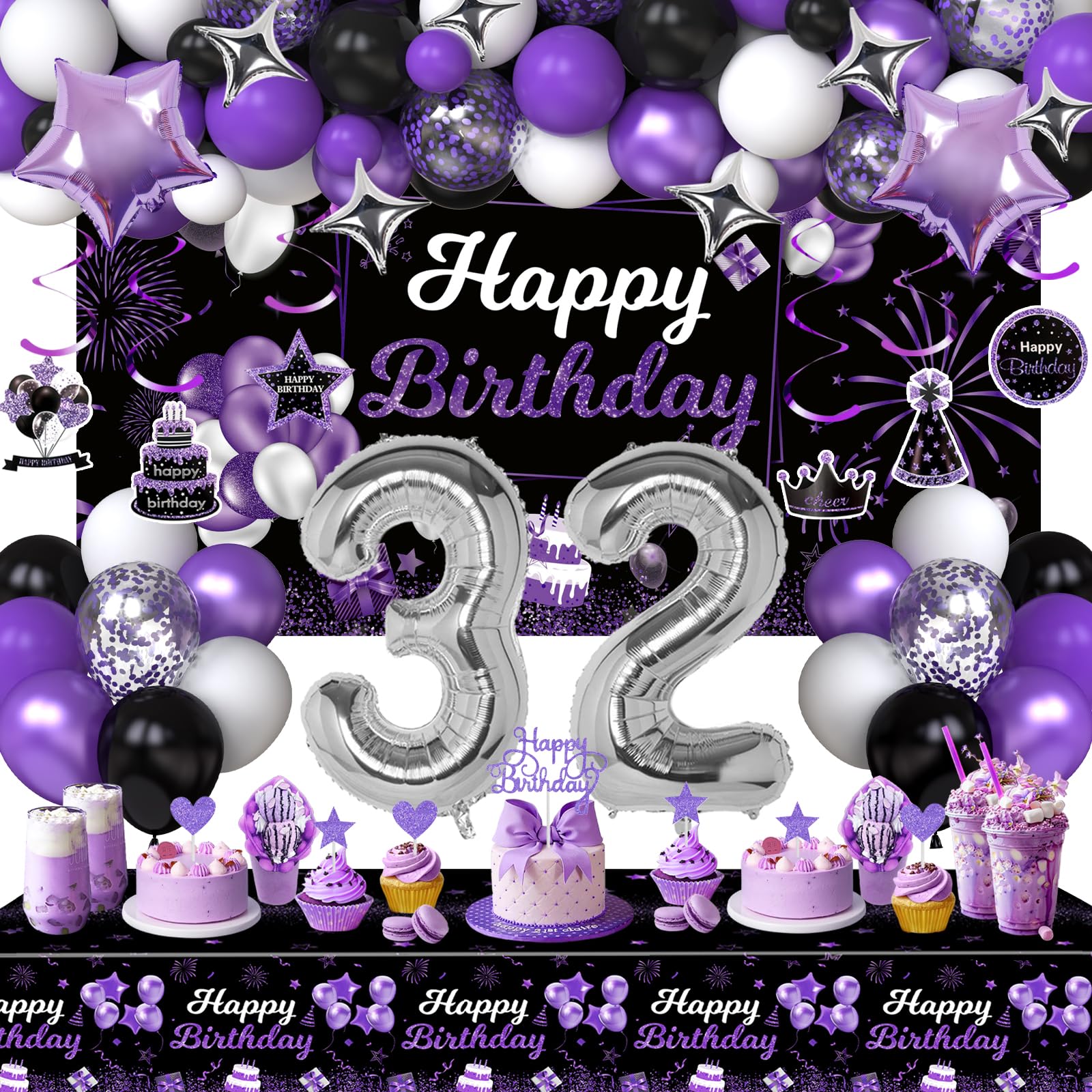 Miidenks 32nd Birthday Decorations for Women, Purple Black Happy 32 Party Decor with Backdrop Banner, Tablecloth, 32 Number Foil Balloons for Her