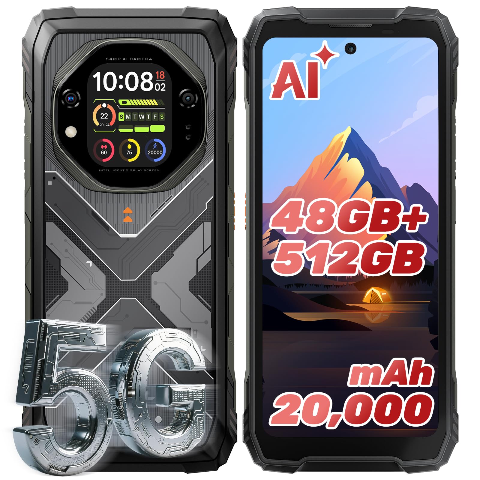 OSCAL TANK 1 5G Unlocked Rugged Phone 20000mAh/55W, 6,78" FHD+ 120Hz & 2,01" Rear Touchscreen, MTK7050 48GB+512GB/2TB Rugged Smartphone Android 15, 64MP+50MP+20MP Night Vision, IP68/IP69K/GPS/QZSS/OTG