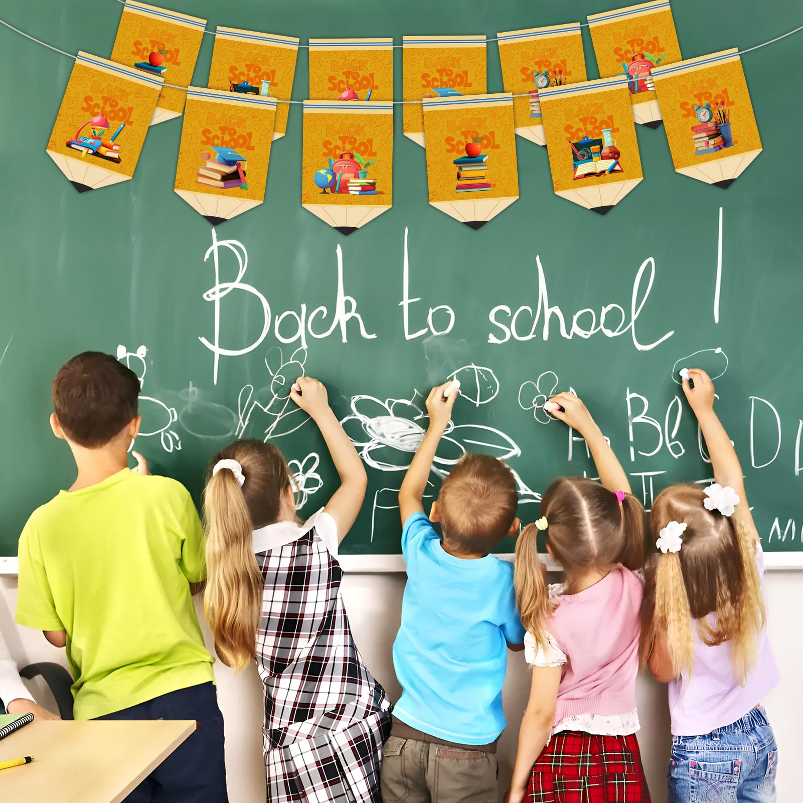 Striscione Decorativo Back To School - Banner Con 12 Matite E 2 Mele Rosse In Cartoncino - Lunghezza 3 Metri - 6