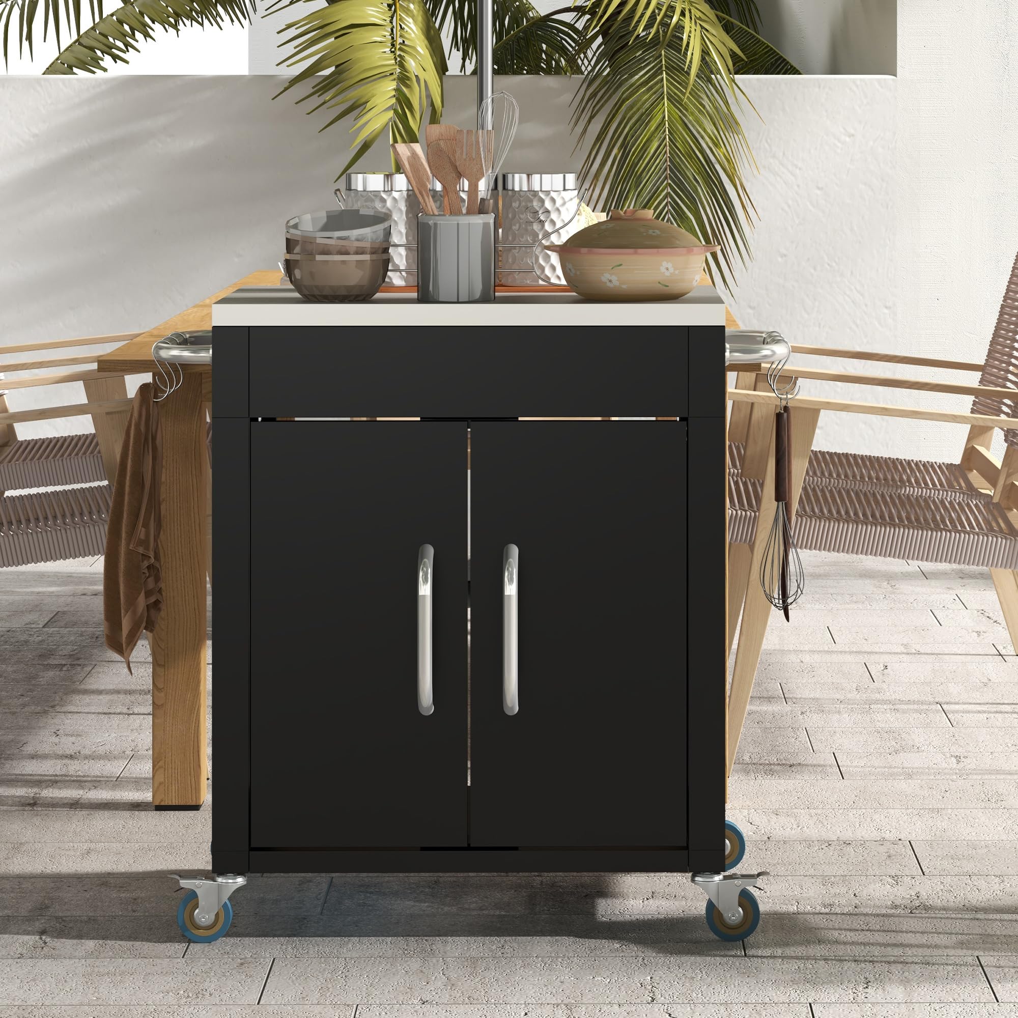 HOMCOM Carrello Barbecue con Piano in Acciaio Inox Tavolo da Cucina da Esterno con Ruote, Maniglia, 6 Ganci, Armadietto Contenitore 86x50x86.5 cm Nero