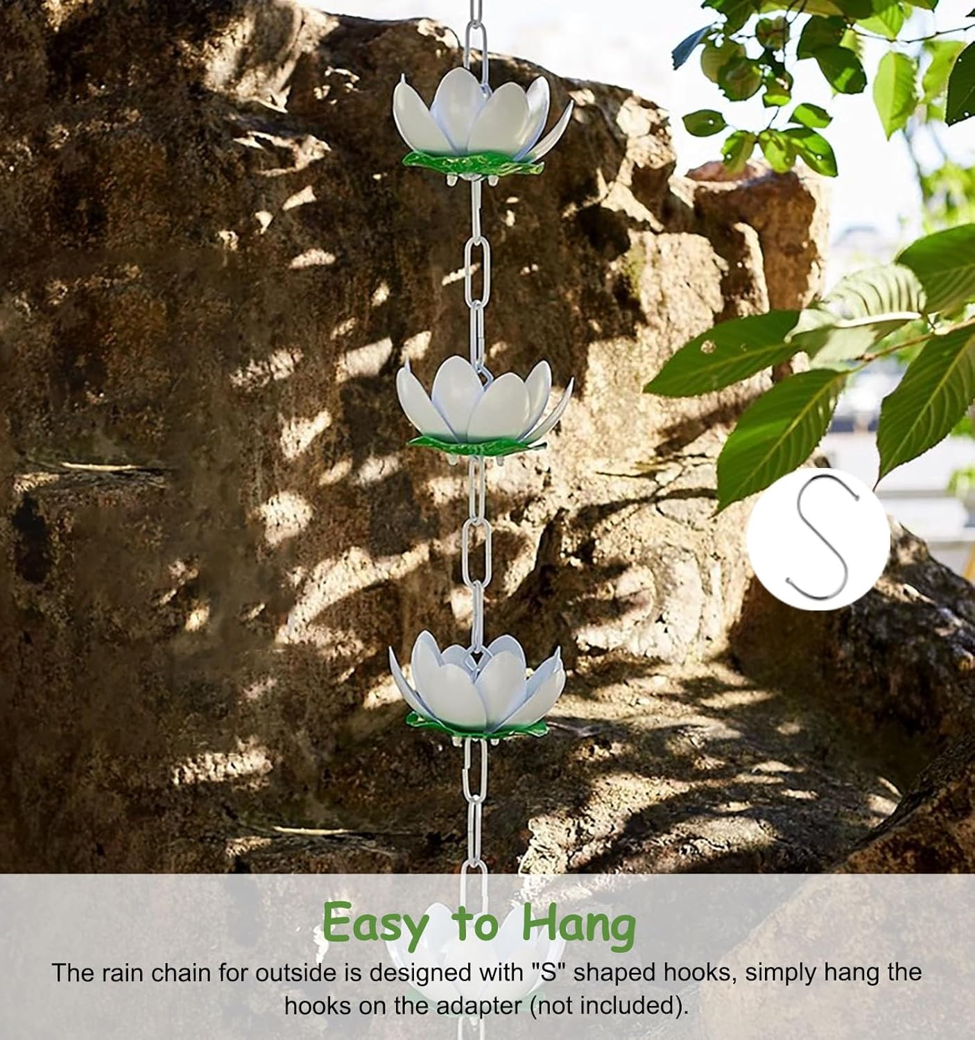 Gutter Rain Chain for Garden Patio Deck, Flower Cups Water Diverter Rain Chain Downspout, White/Black/Copper Colors Rain Chain Chime(Black,7.5m (24.6ft))