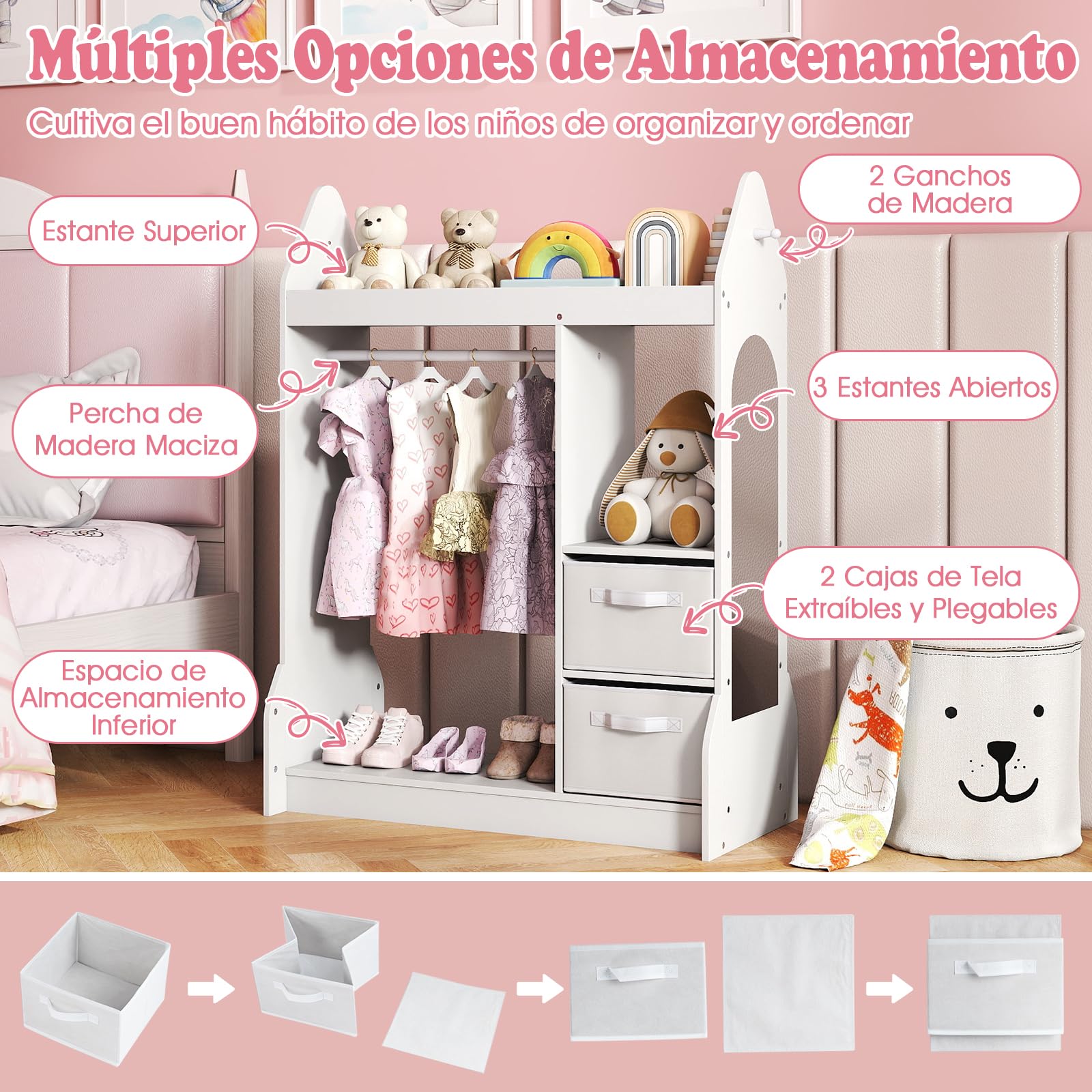 COSTWAY Armario de Almacenamiento Infantil con Espejo Acrílico y Perchero, Blanco