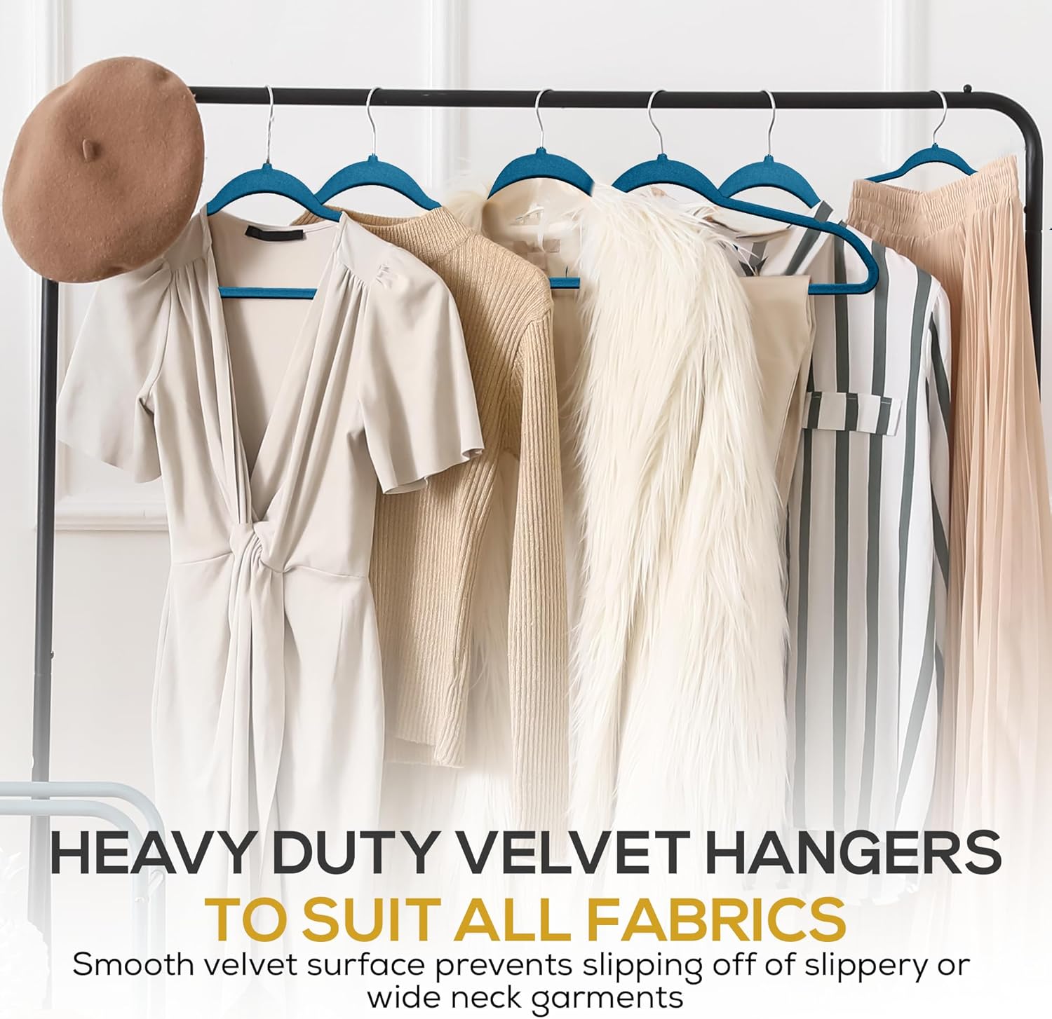 Premium Velvet Hangers 50 Pack Ultra Thin Non Slip Adult Felt Space Saving Slim Suit Hanger for Closet Heavy Duty Coat Pants Jackets Dress Hangers 360° Swivel Hook Hold Upto 10 lbs Blue - Image 7