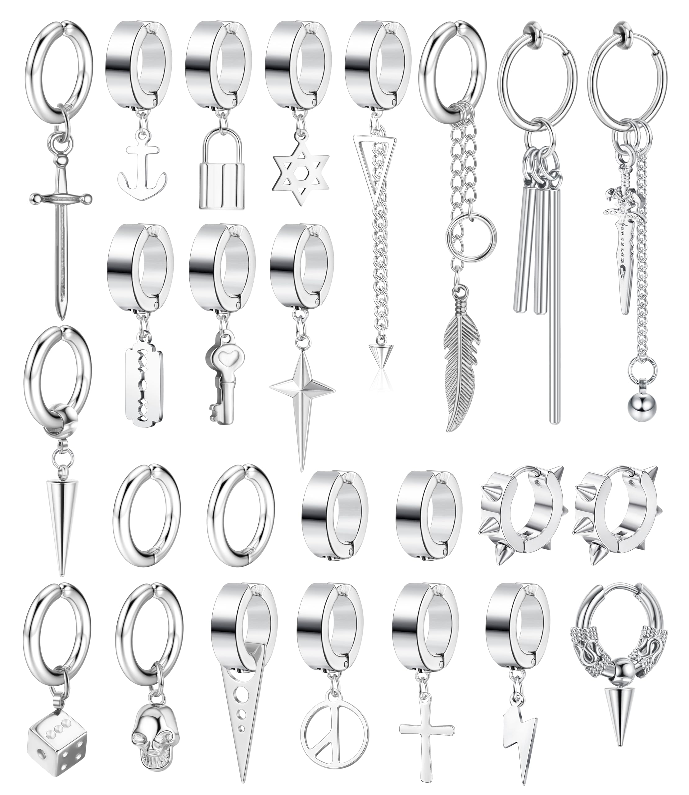 Diamday 25Pcs Mens Earrings Clip on Earrings Black Silver Huggie Hoops Set Kpop