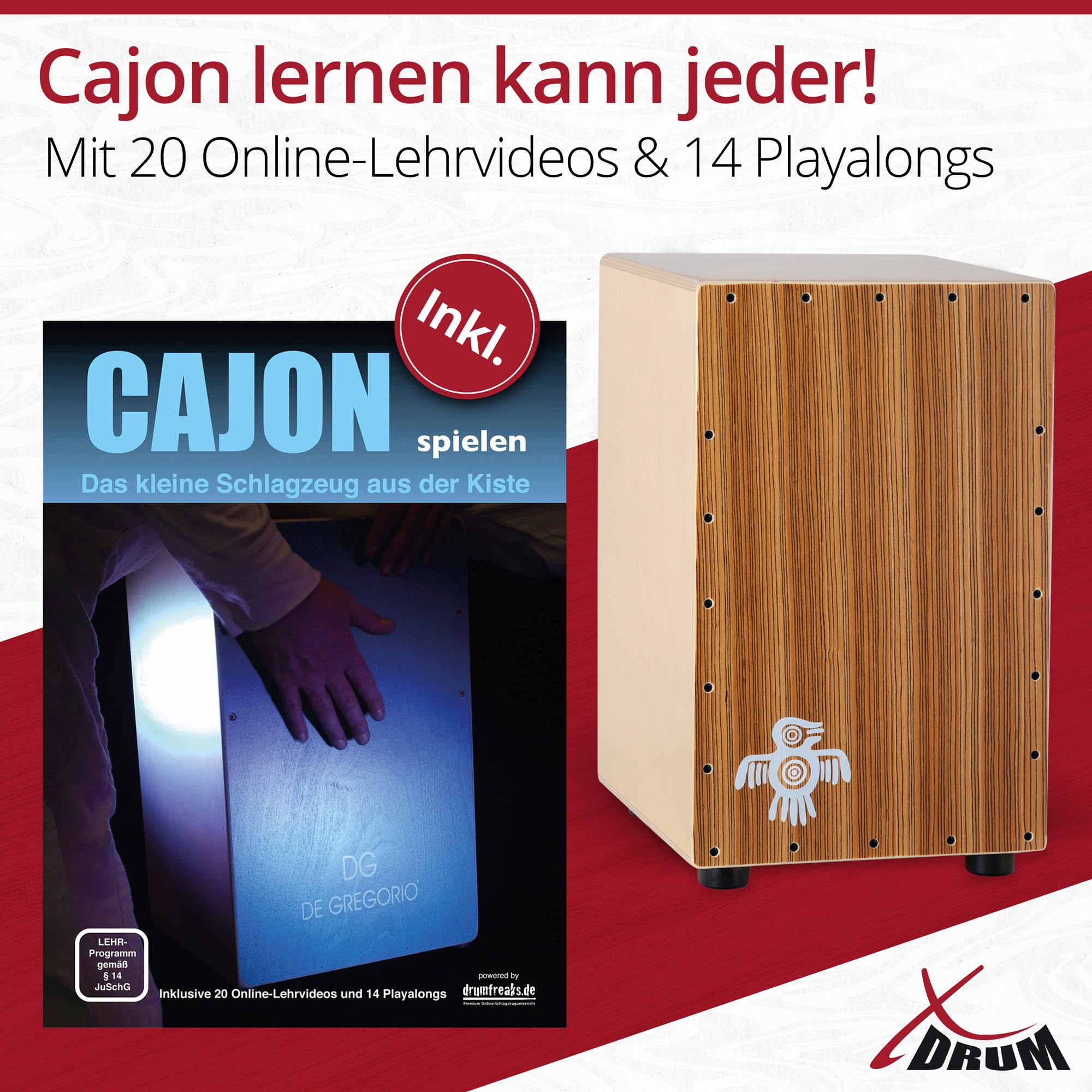 XDrum PERC CP-484 Cajon Peruana Zebrano Set incl. Scuola di Cajon | Suoni di basso e snare molto differenziati e presenti, Battente da 3 mm in Zebrano, Corpo in betulla da 9 mm (7 strati), 5 cm
