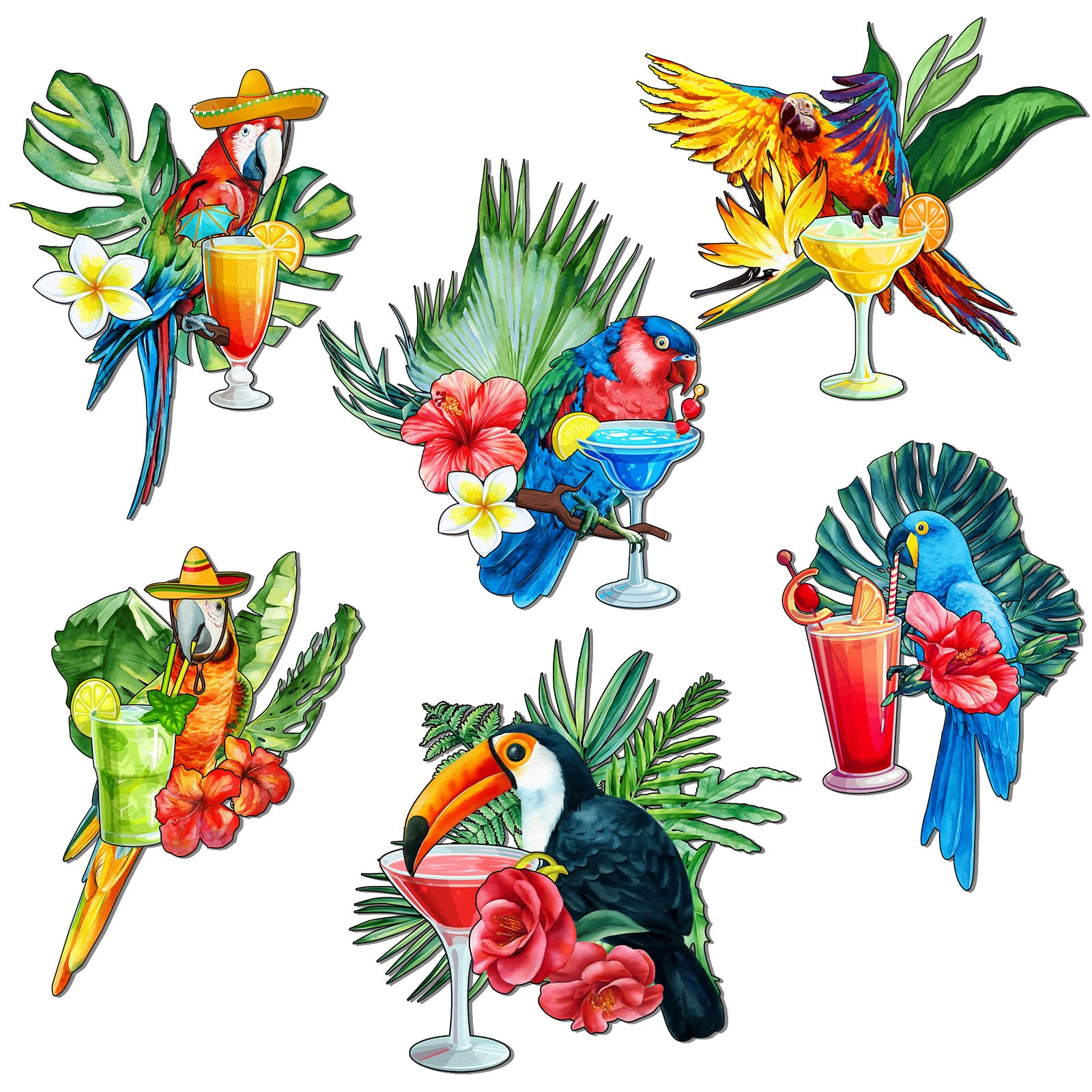 Hoteam 6 Pieces Tropical Drink Cruise Door Decorations Margarita Parrot Magnets Decorative Funny Parrot Magnets for Fridge Car Ship Garage Cabin Refrigerator Locker Magnetic Sign