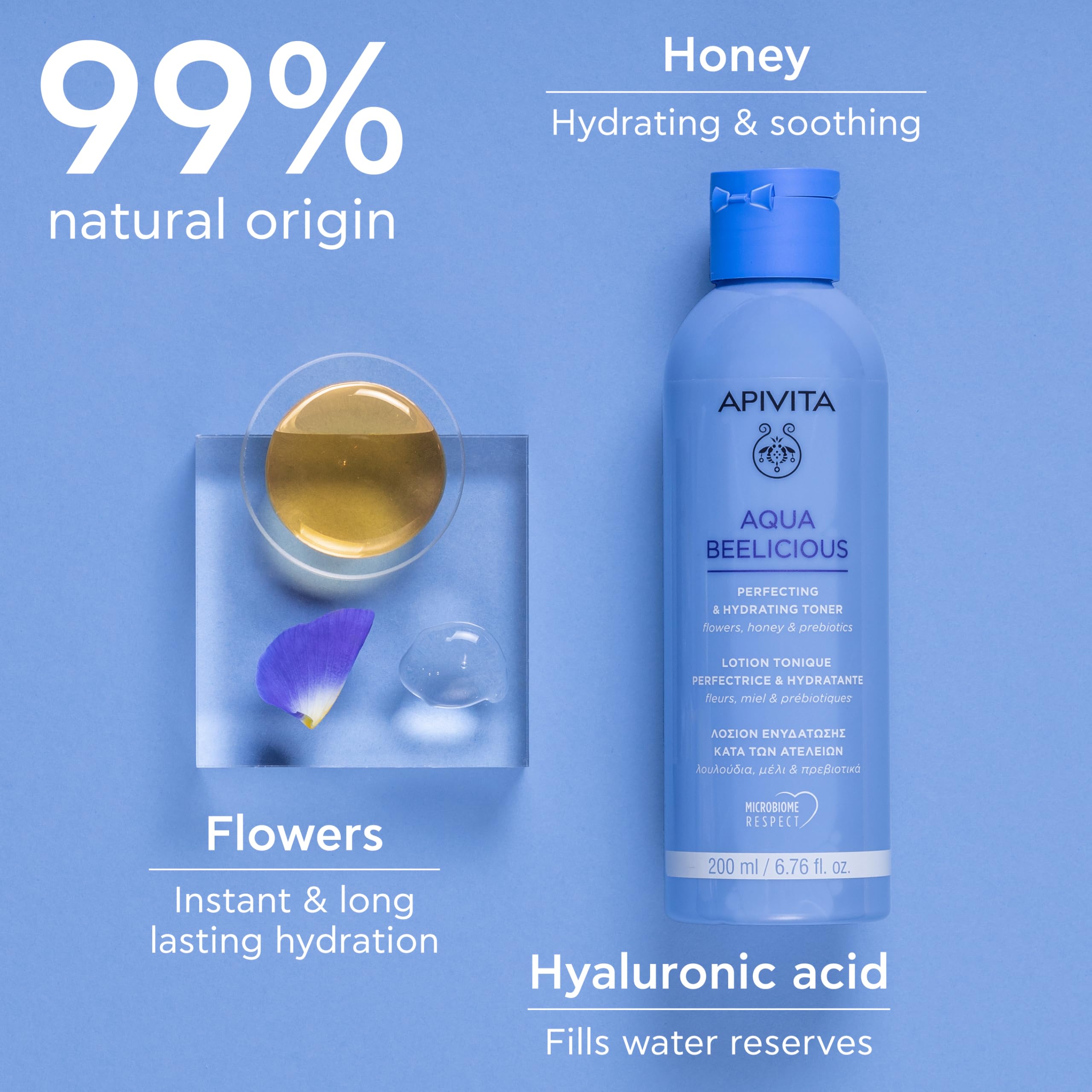 Apivita Aqua Beelicious Perfecting & Hydrating Toner 200ml - watery dewy toner with Honey, Prebiotics, Flowers & Hyaluronic acid - ydrates and preps skin, Soothes Imperfections, Respects Microbiome - Image 3