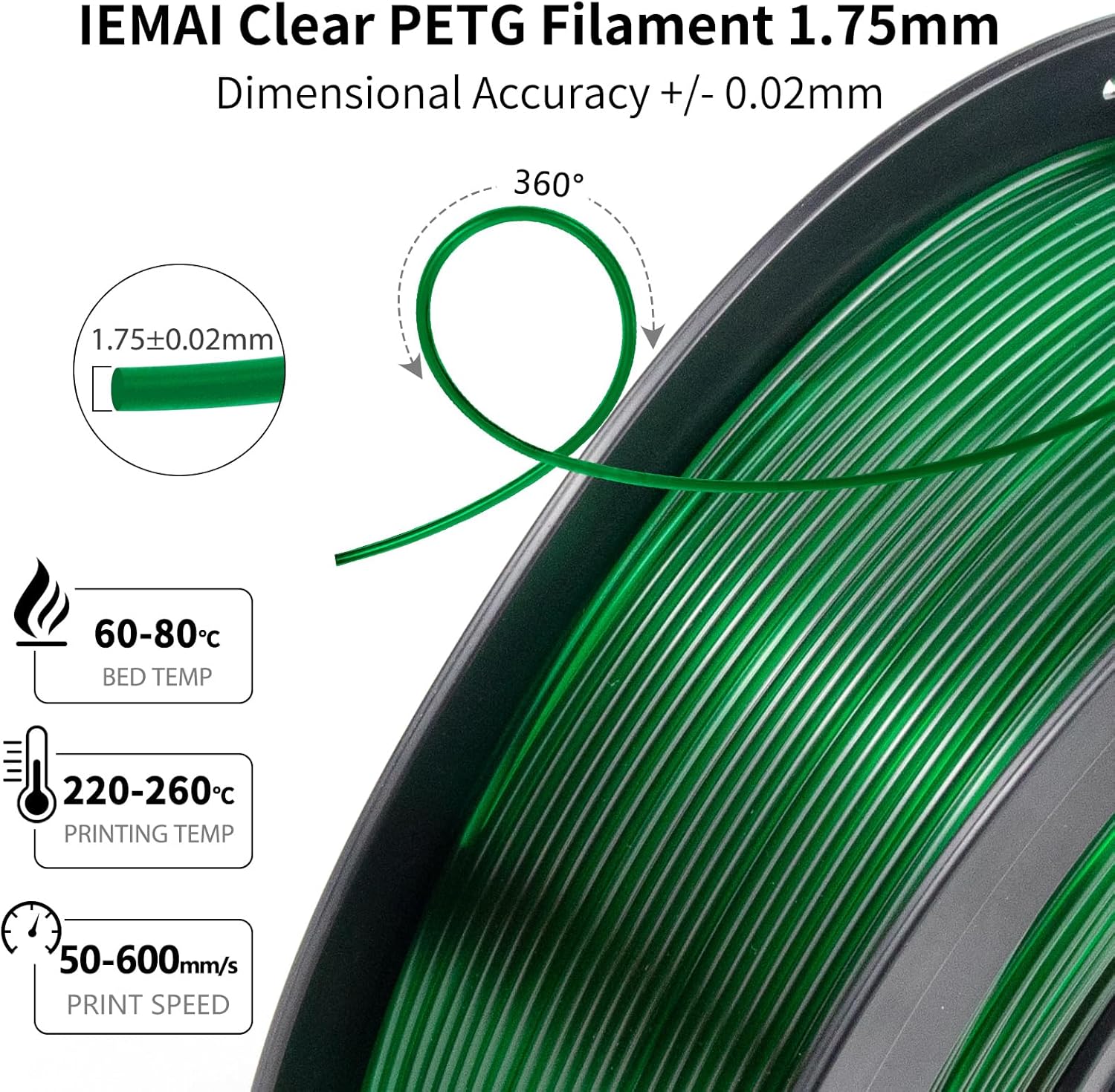 IEMAI Transparent PETG Filament 1.75mm 1kg, Crystal Clear Green 3D Printer Filament Up to 600mm/s Printing, Tough & Durable for Lampshade, Creative DIY & Home Decor