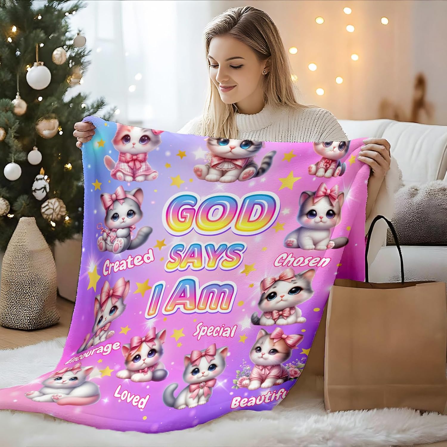 Christian Girls Blankets for Kids Teens, Cozy Comfy 60''x50'' God Says I Am Cat Themed Stuff Throws for Cat Lover, Inspirational Religious Birthday Gifts for Bed Couch Decor