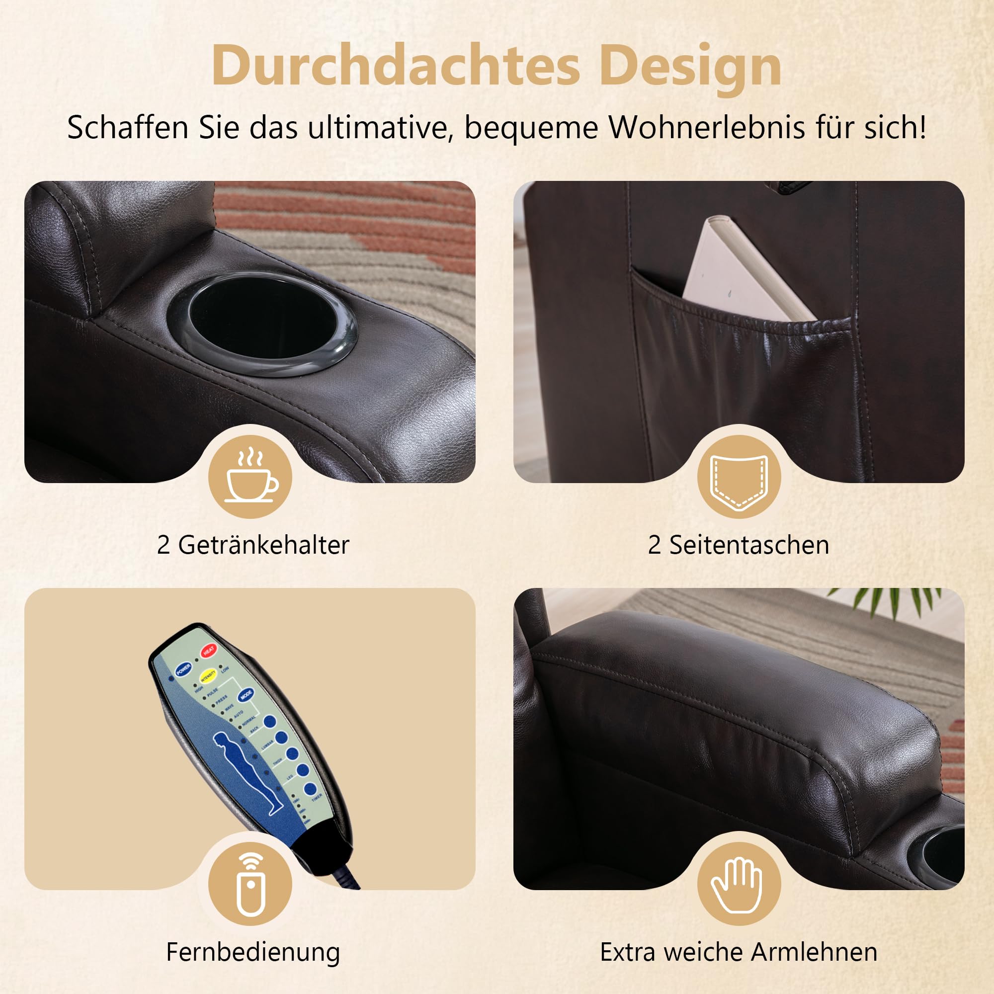 Relaxsessel mit Liegefunktion, Massagesessel mit Wärmefunktion, 360° Drehbarer Fernsehsessel Wohnzimmer, Schaukelstuhl mit Kissen/Seitentaschen/Getränkehalter (Rötlich-braun)