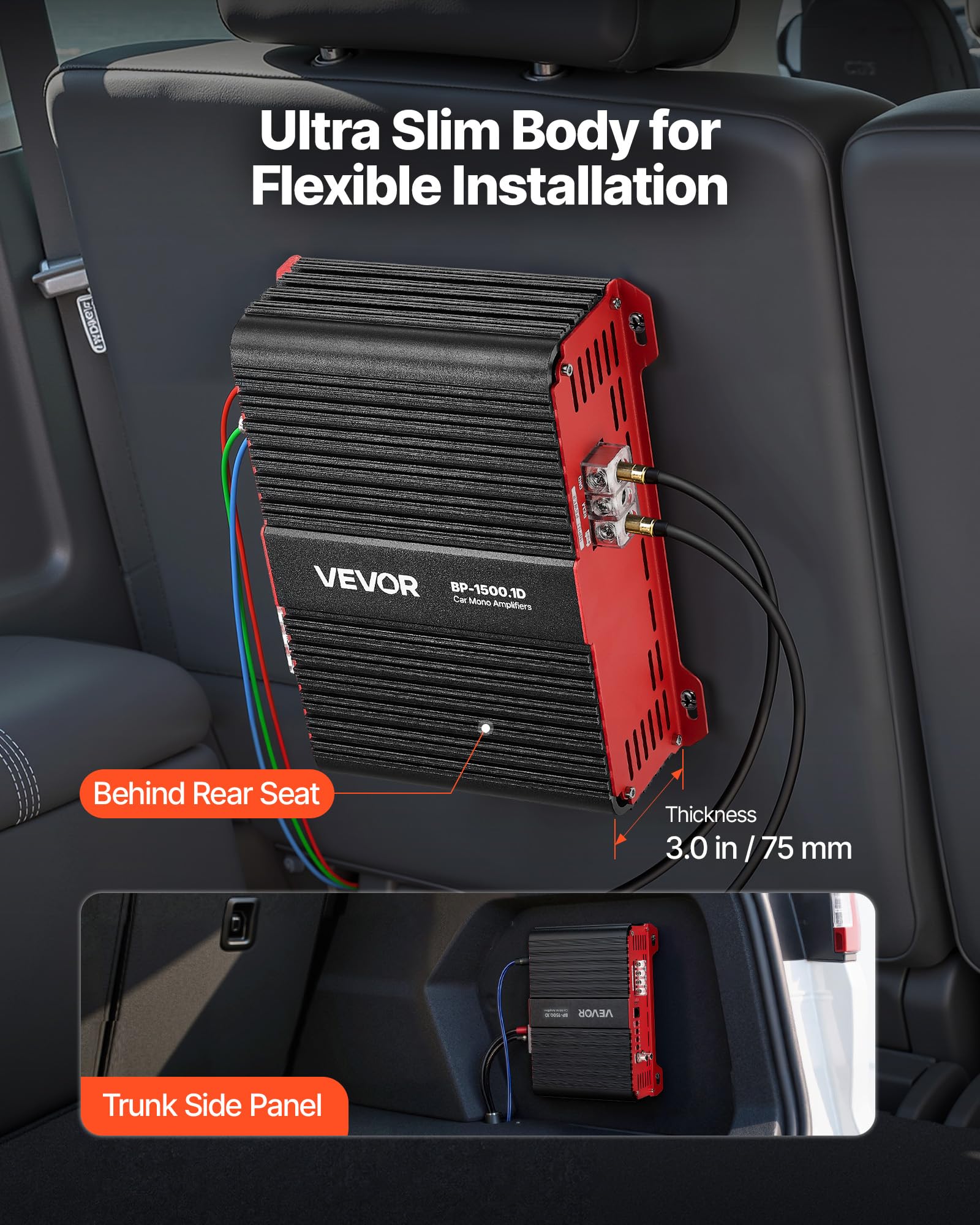 VEVOR Amplificador Monobloque para Coche de 1500 W, RMS MÁX. 1/2/4 Ohmios, Clase D, 1 Canal, con Control Remoto de Nivel de Subwoofer, Filtro de Paso Bajo, Refuerzo de Graves y Control de Volumen