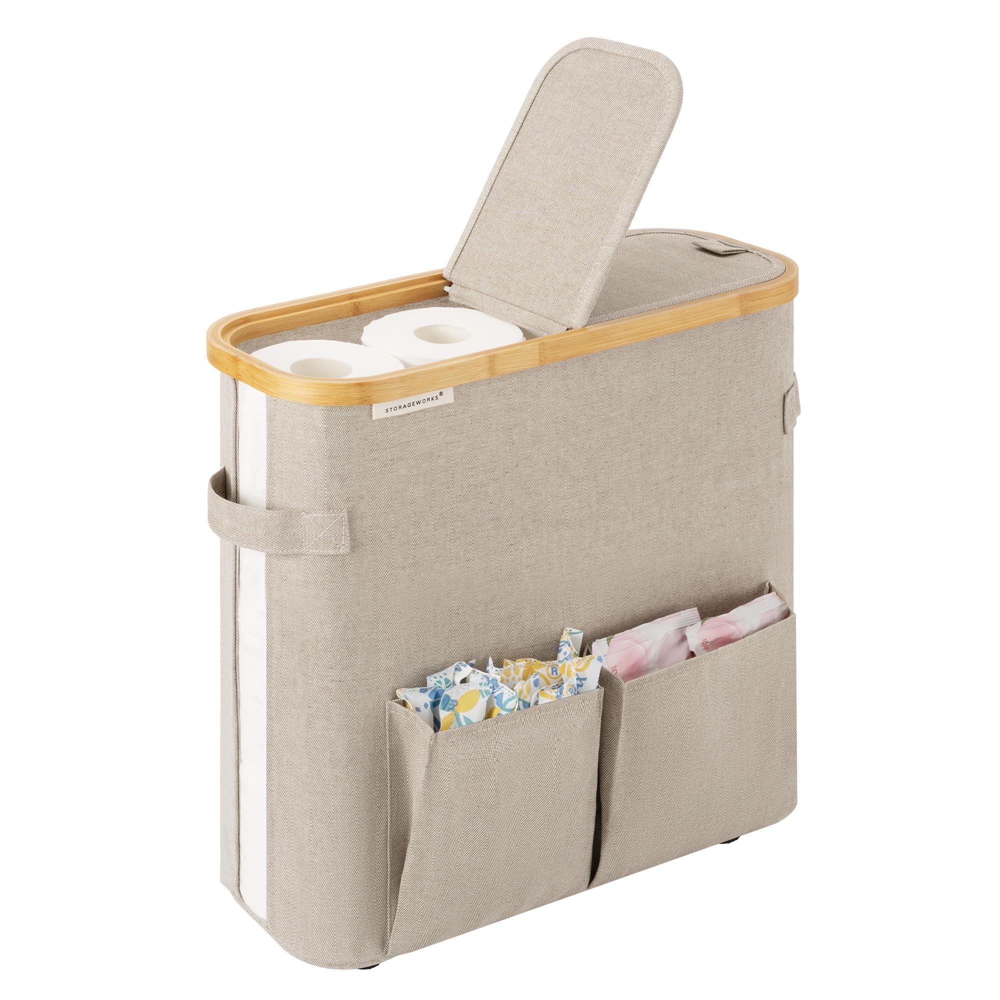 storageworks toilet paper storage with dual flip lids, toilet paper holder basket with side pocket, holds 9 mega or 12 regular rolls, paper storage container for bathroom, medium, brown
