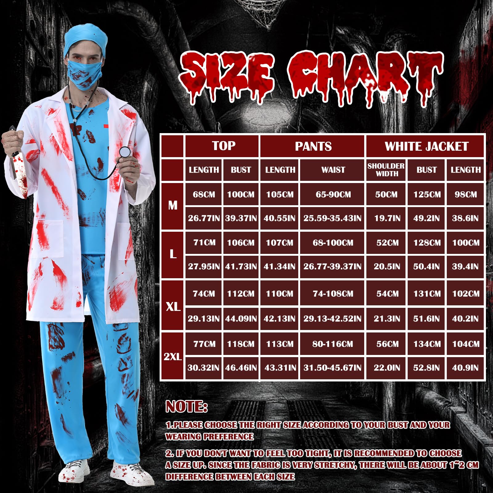 Kostium medyczny zombie dla mężczyzn, zestaw kostium chirurga horror kostium medyczny na Halloween dla mężczyzn w szlafroku, czapka lekarza, maska lekarza, top, spodnie i stetoskop