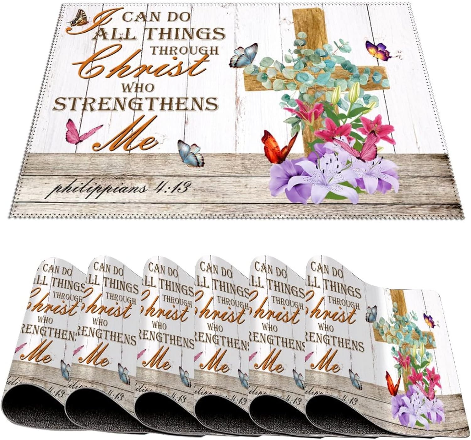 Dining Placemats I Can Do All Things Through Christ Who Strengthens Me Placemat Cross Lily Flower Positive Scripture Table Mats Non-Slip Stain Resistant Pad Placemat Dining Table Set of 6