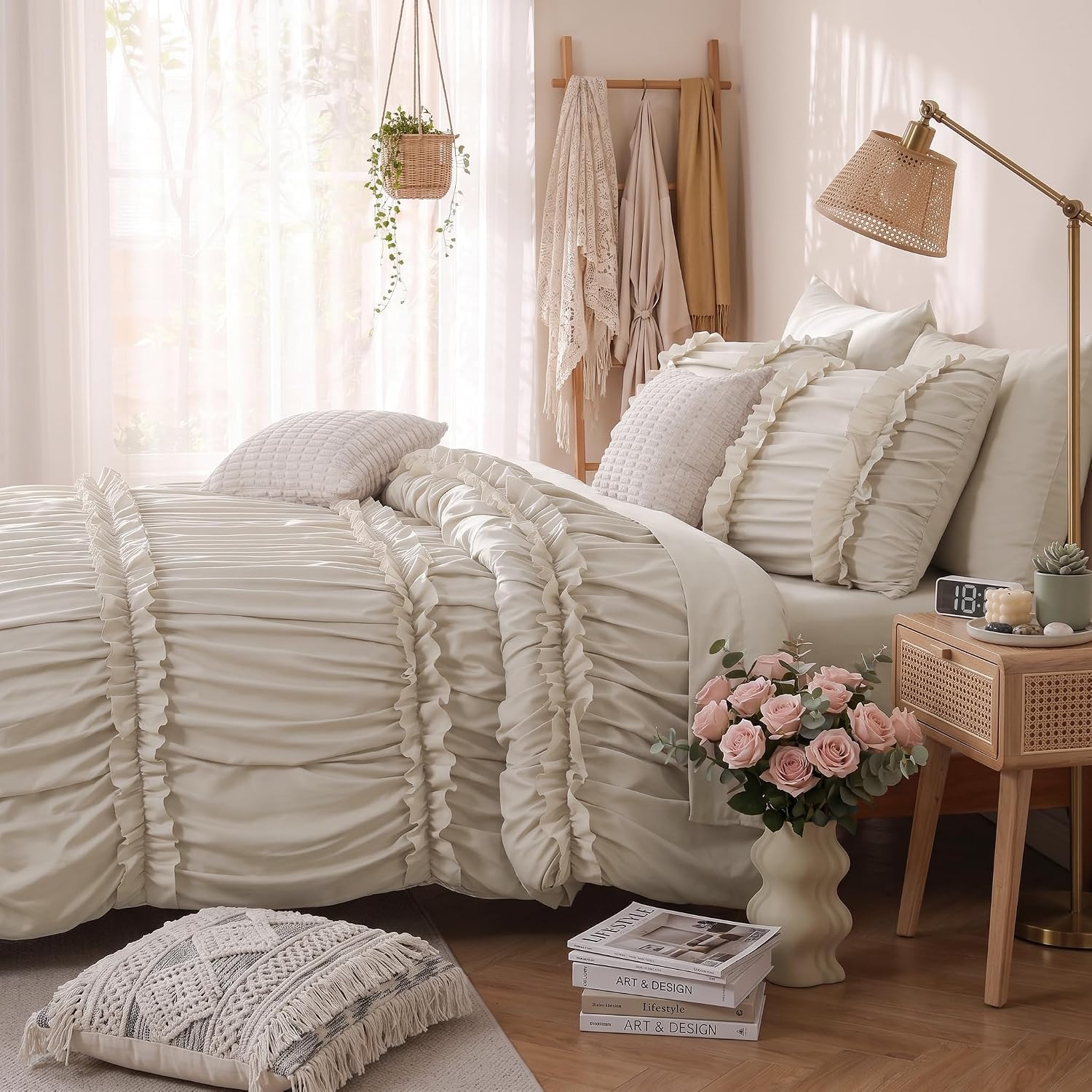 Seasonwood Full Comforter Set, 7 Pieces Cream Ruffle Bed in a Bag, Ruched Bedding Set with Bow Trim, Solid Color Bedding with Sheets, Pillowcases and Shams