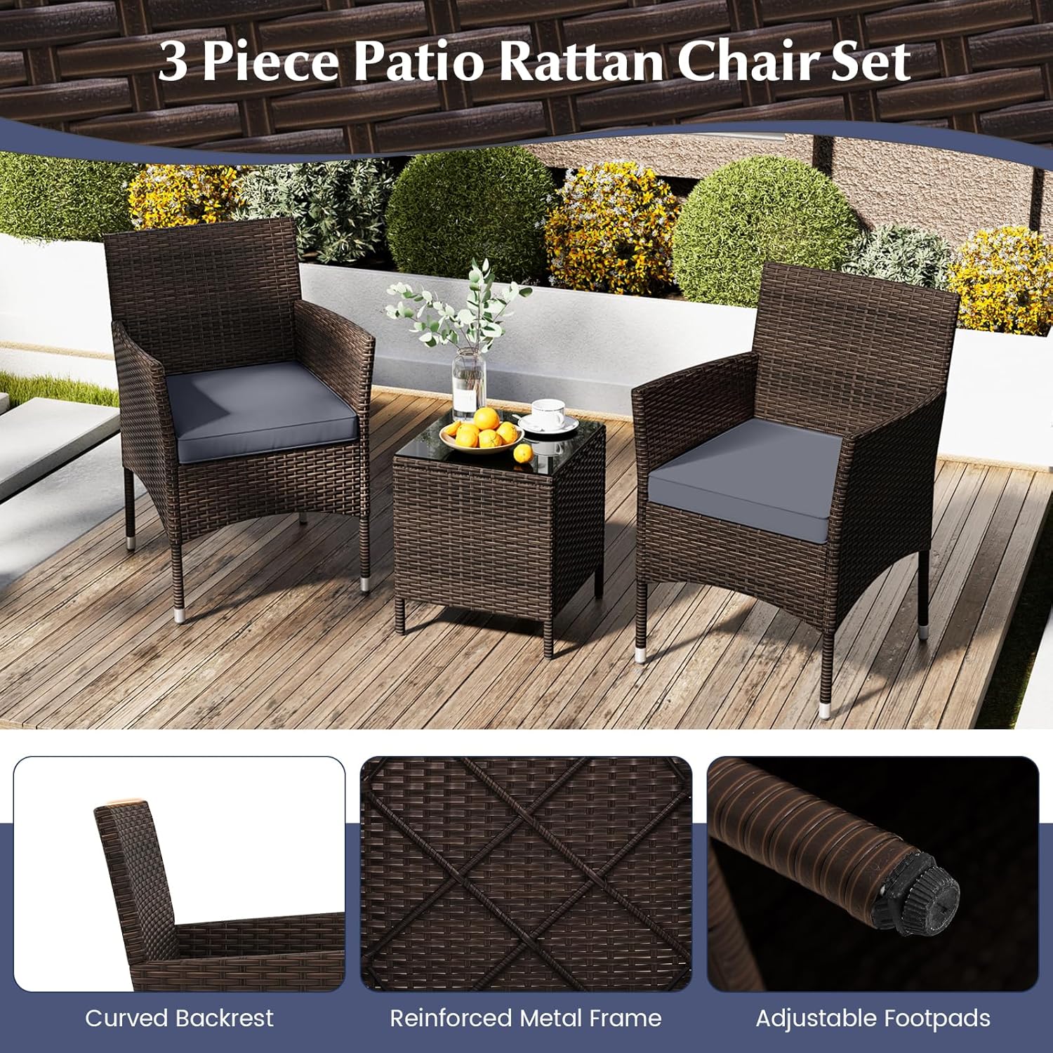 HAPPYGRILL 3 Piece Outdoor Conversation Set, Patio Wicker Chairs & Coffee Table Set with Cushioned Seat & Tempered Glass Tabletop for Backyard Porch Poolside, Grey