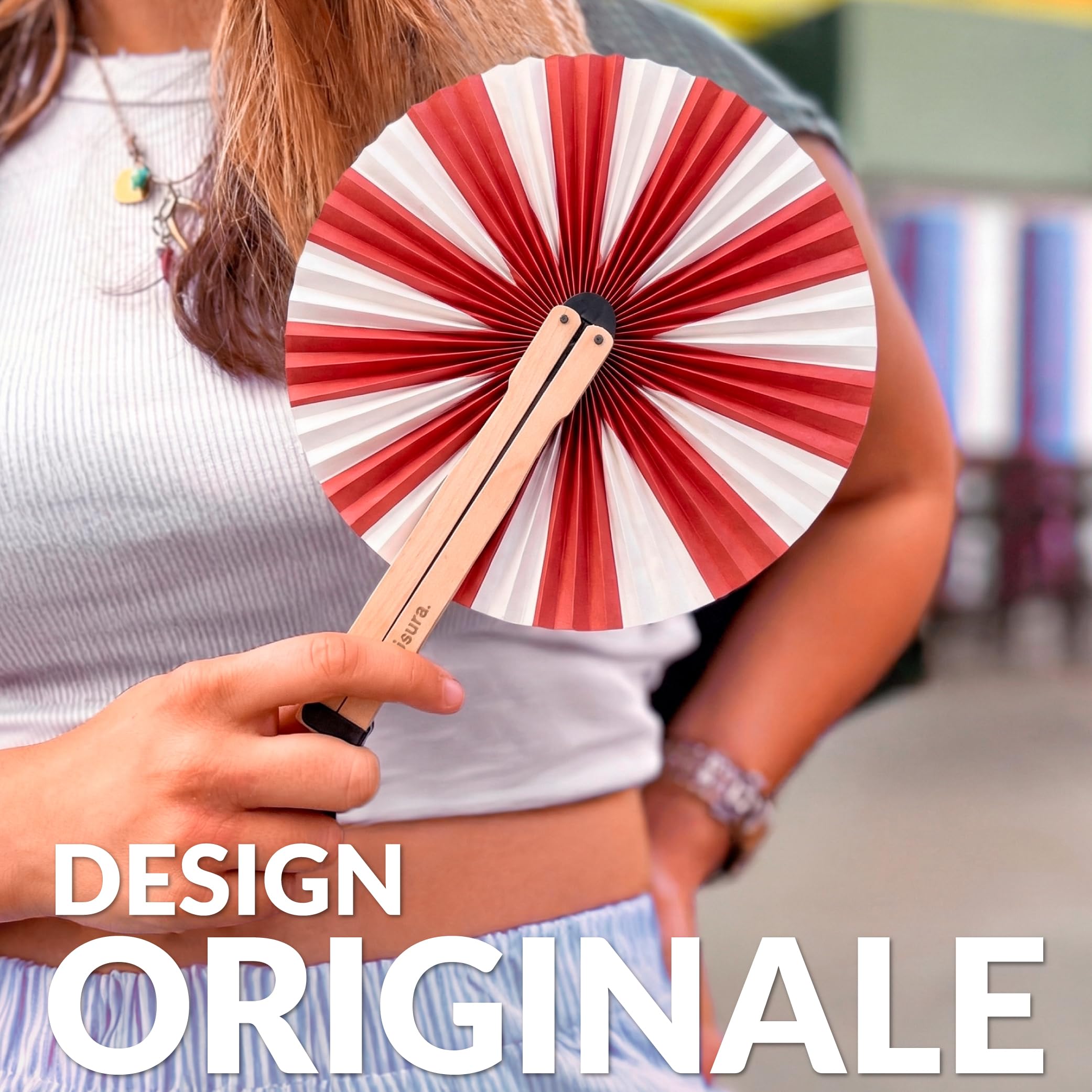 Fisura – Ventaglio pieghevole con righe rosse e bianche, ventaglio originale in carta, pai pai bianco e rosso, accessorio per matrimonio, dettaglio per invitati, idea regalo festa
