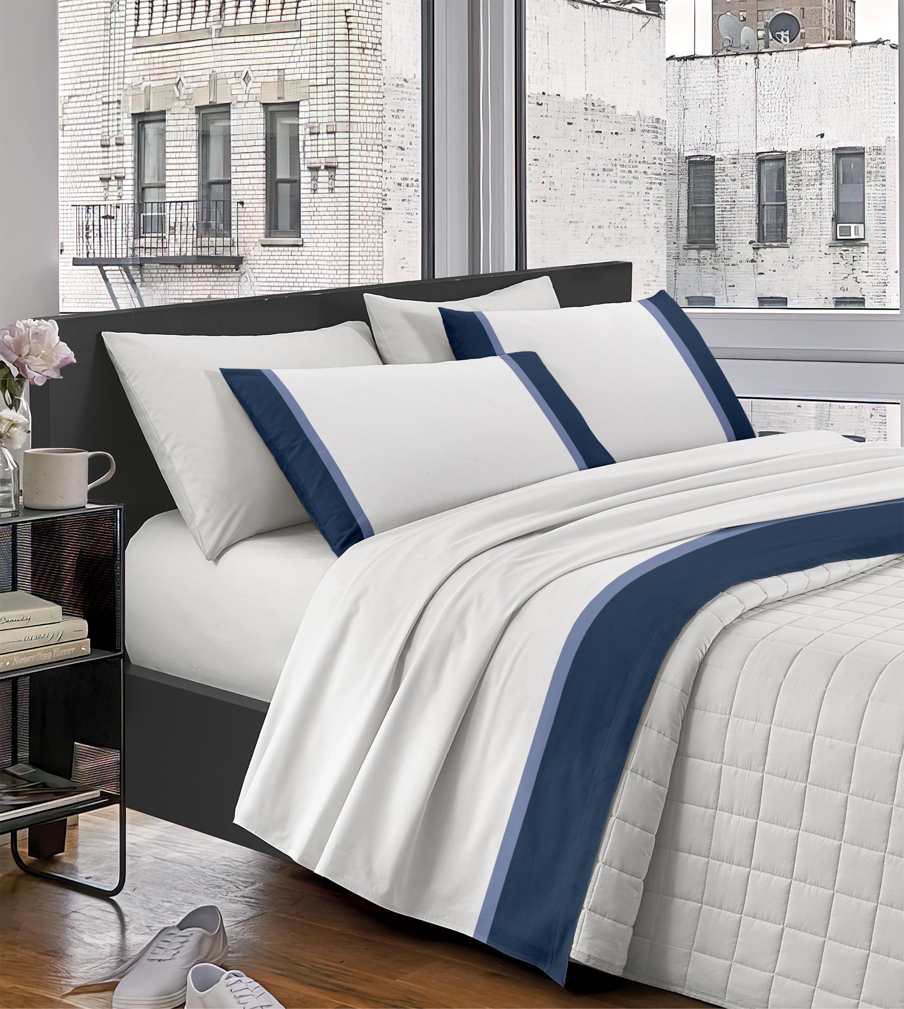 IlGruppone Completo Letto Lenzuola 100% Raso di Cotone con Balza Applicata Stampa Digitale nel Lenzuolo sopra E Federe sotto Due Piazze con Angoli Elastici Tinta Unita - Azzurro - Matrimoniale