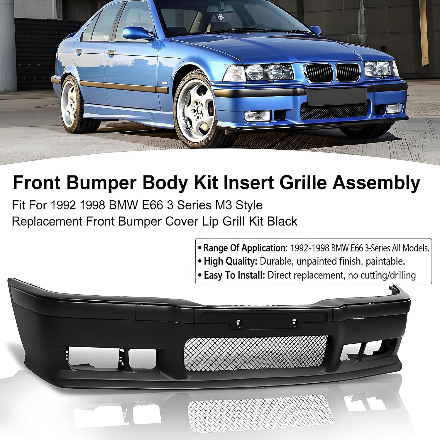 PENSUN Front Bumper Mesh Grille Compatible With 1992-1998 BMW E36 3-Series ABS Plastic Insert Grill Assembly M3 Style Replacement