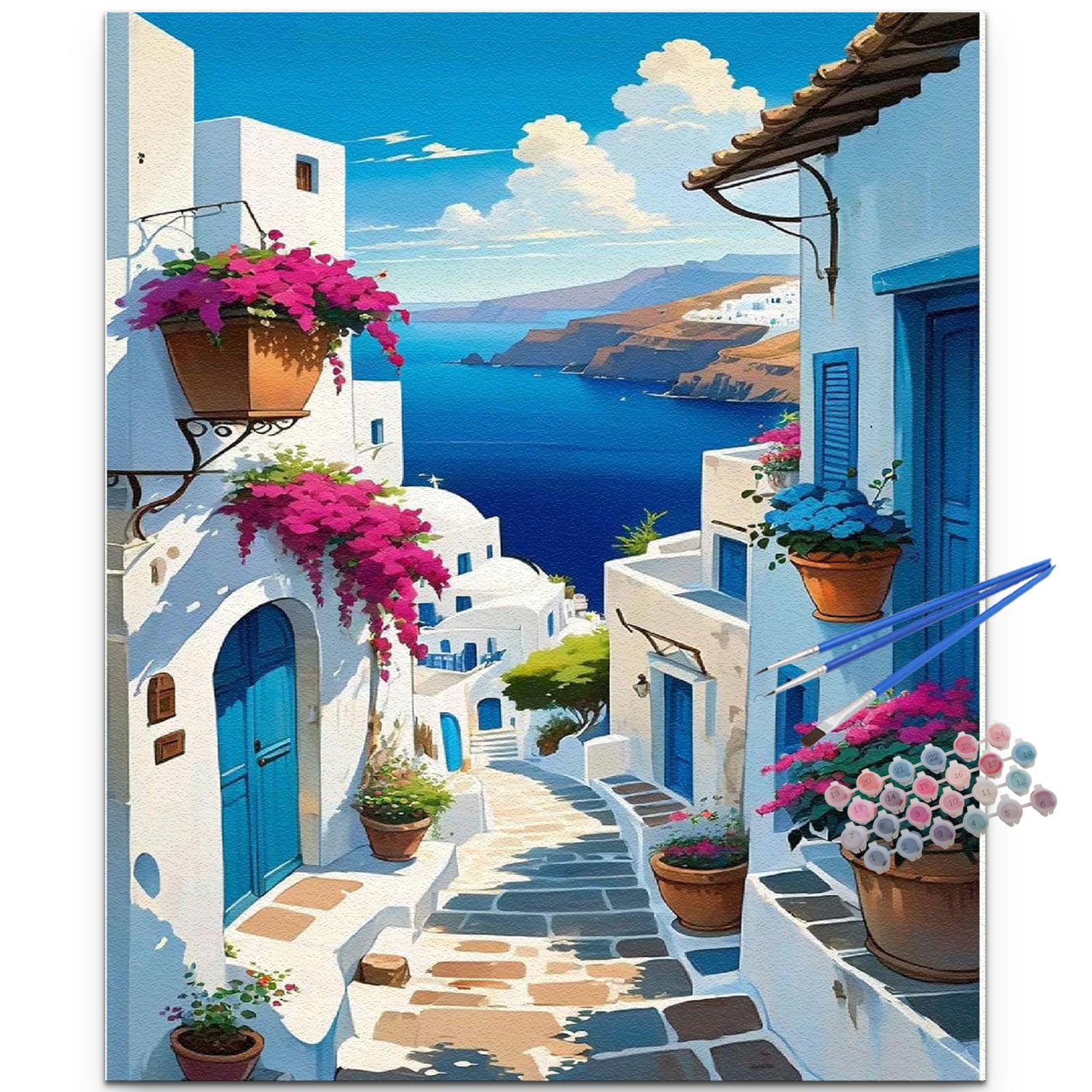 JUJUHOOD Sunset Santorini Paint by Numbers Kit for Adults,Landscape Adult Paint by Number Kits,Adult Paint by Number Canvas with Paintbrushes and