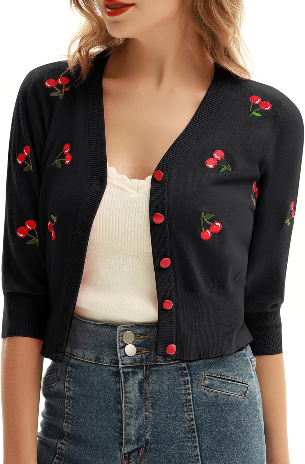 Belle Poque Women's 3/4 Sleeve V-Neck Button Down Cherries Embroidery Cropped Cardigan Sweater Coat - Image 2