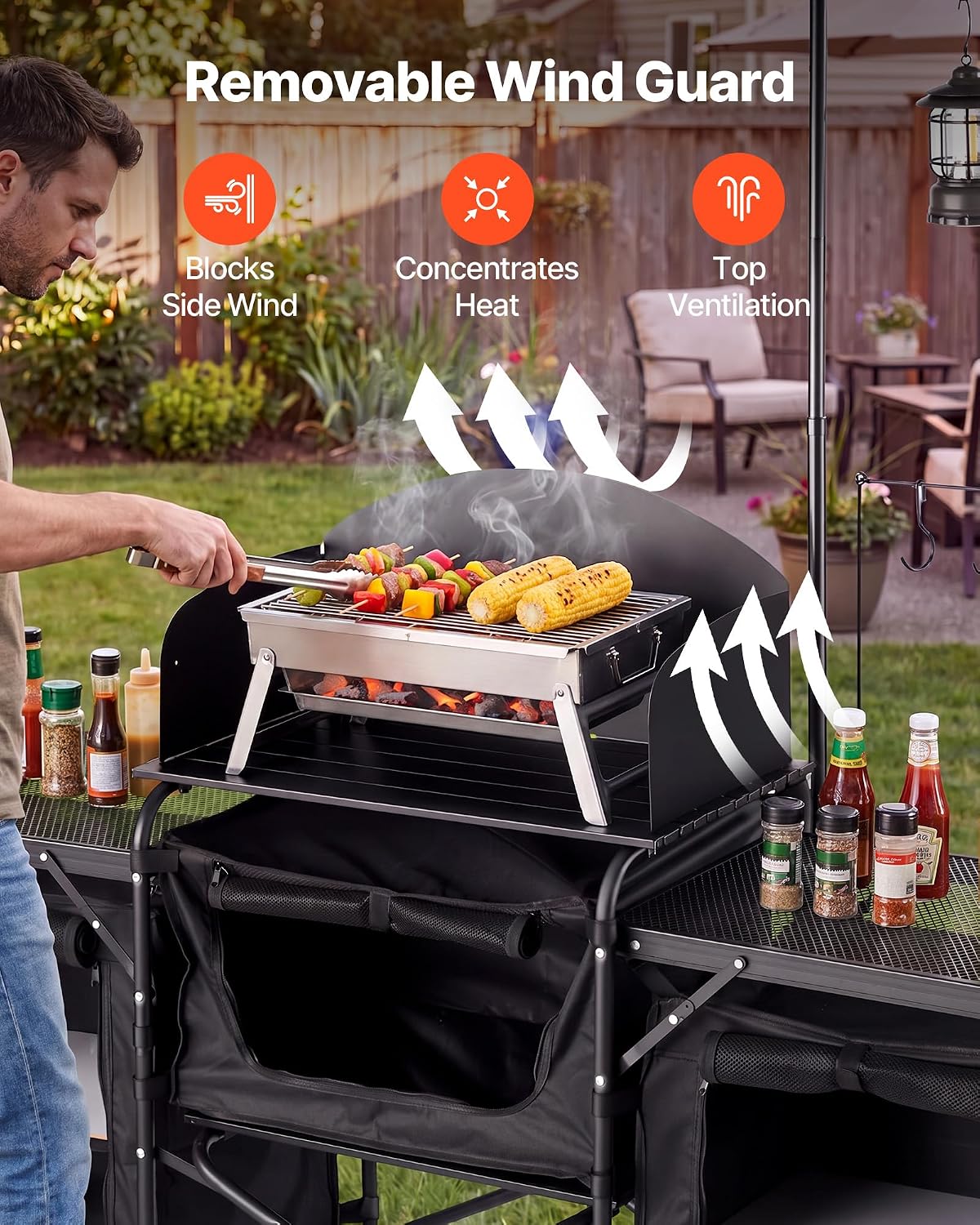 VEVOR Folding Camping Table, Outdoor Portable Table, Quick Set-up Kitchen Cook Station, with Storage Organizer, Telescoping Legs, a Detachable Windscreen, Carrying Bag, for Picnic BBQ RV Traveling